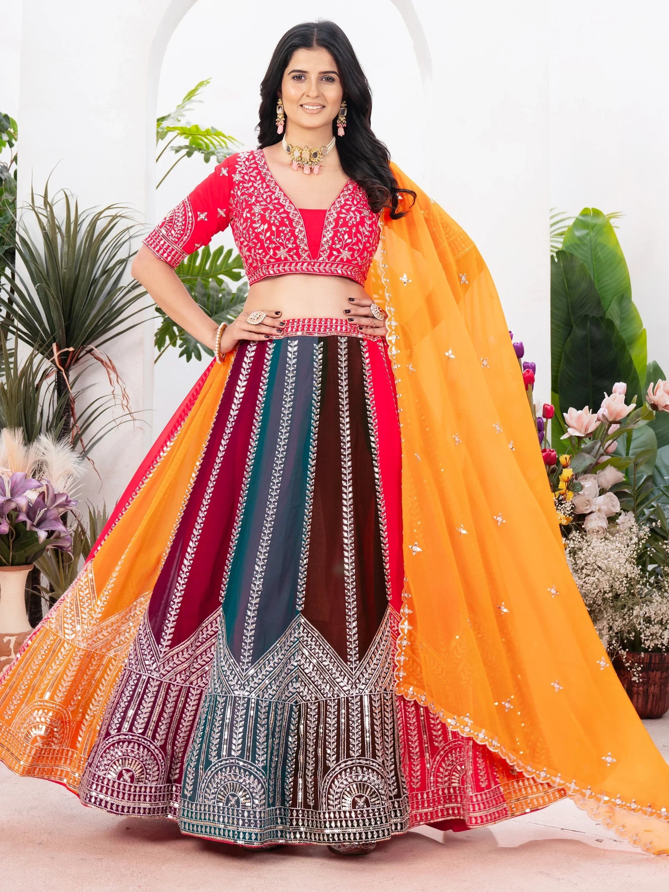 Gorgeous Multi-Color Embroidered Georgette Wedding Lehenga Choli