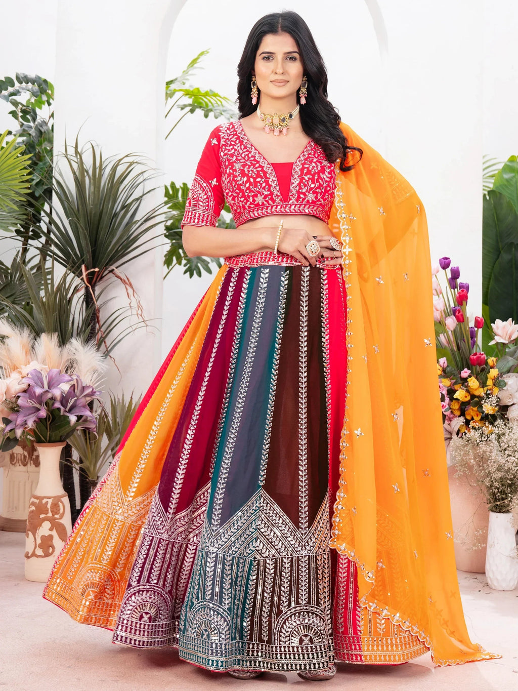 Gorgeous Multi-Color Embroidered Georgette Wedding Lehenga Choli
