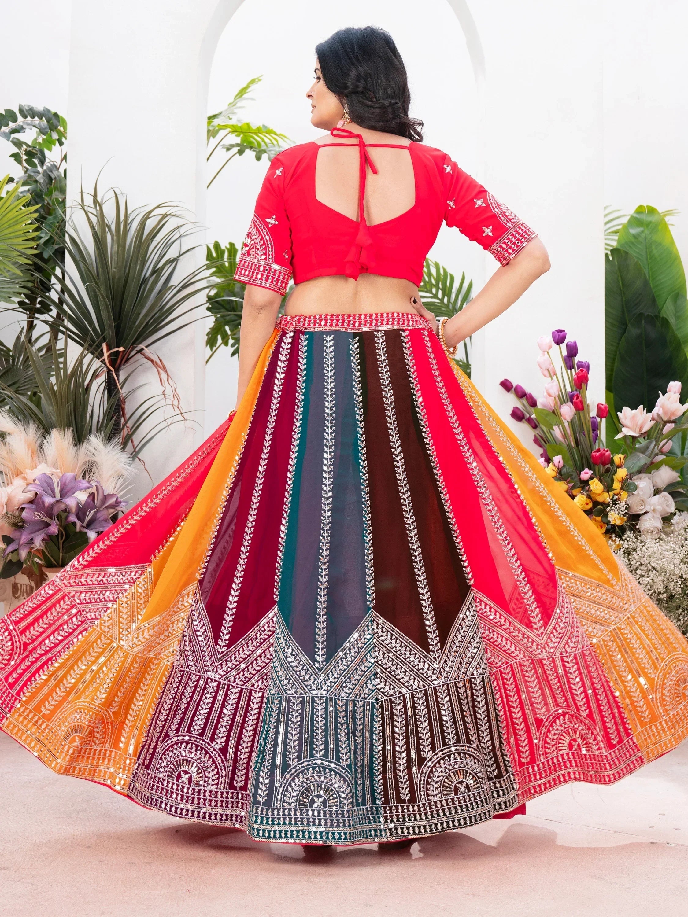 Gorgeous Multi-Color Embroidered Georgette Wedding Lehenga Choli