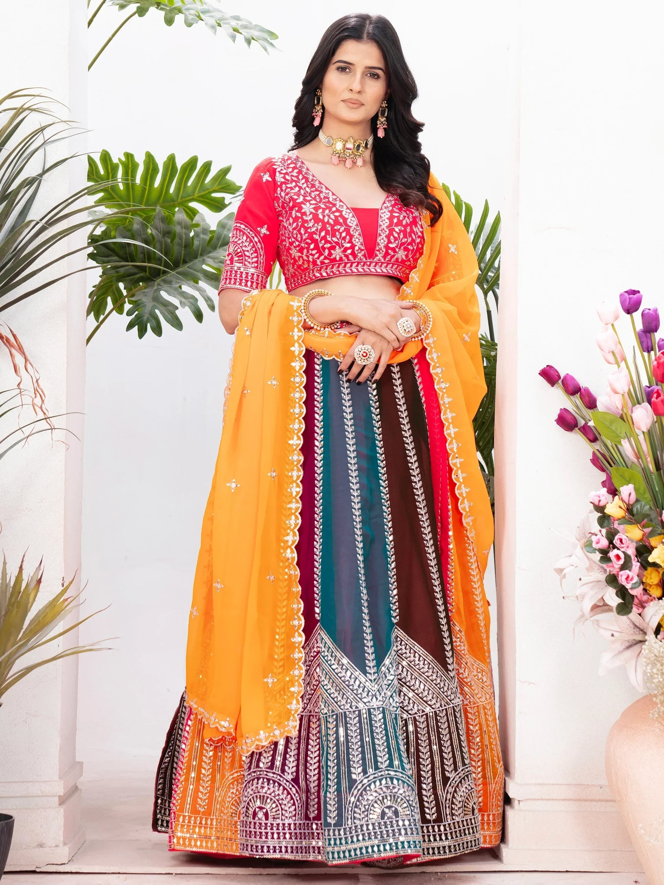 Gorgeous Multi-Color Embroidered Georgette Wedding Lehenga Choli