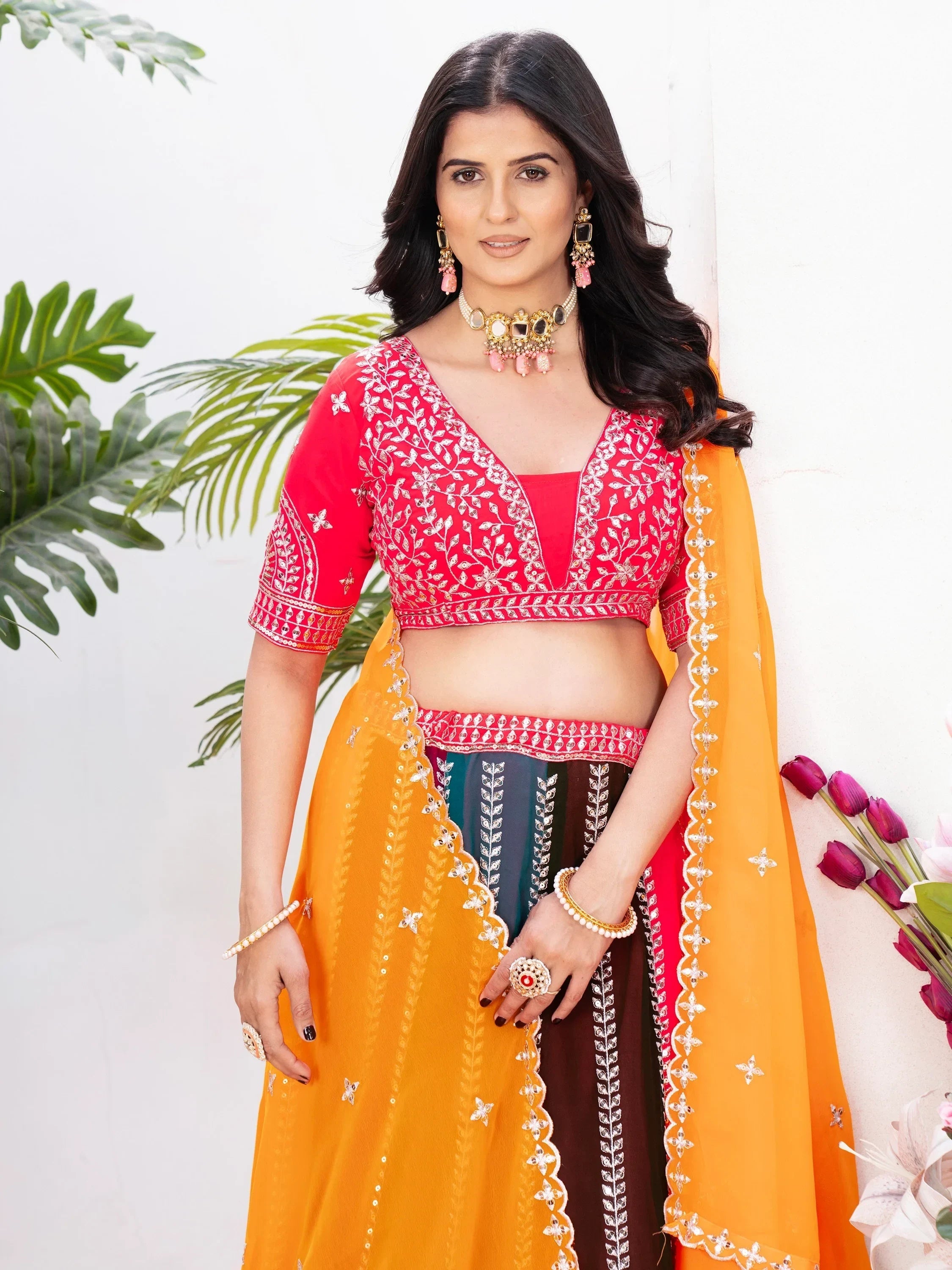 Gorgeous Multi-Color Embroidered Georgette Wedding Lehenga Choli