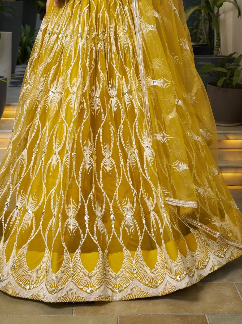 Gorgeous Mustard Yellow Embroidered Net Haldi Wear Lehenga Choli