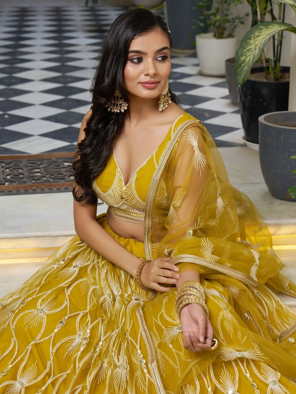 Gorgeous Mustard Yellow Embroidered Net Haldi Wear Lehenga Choli