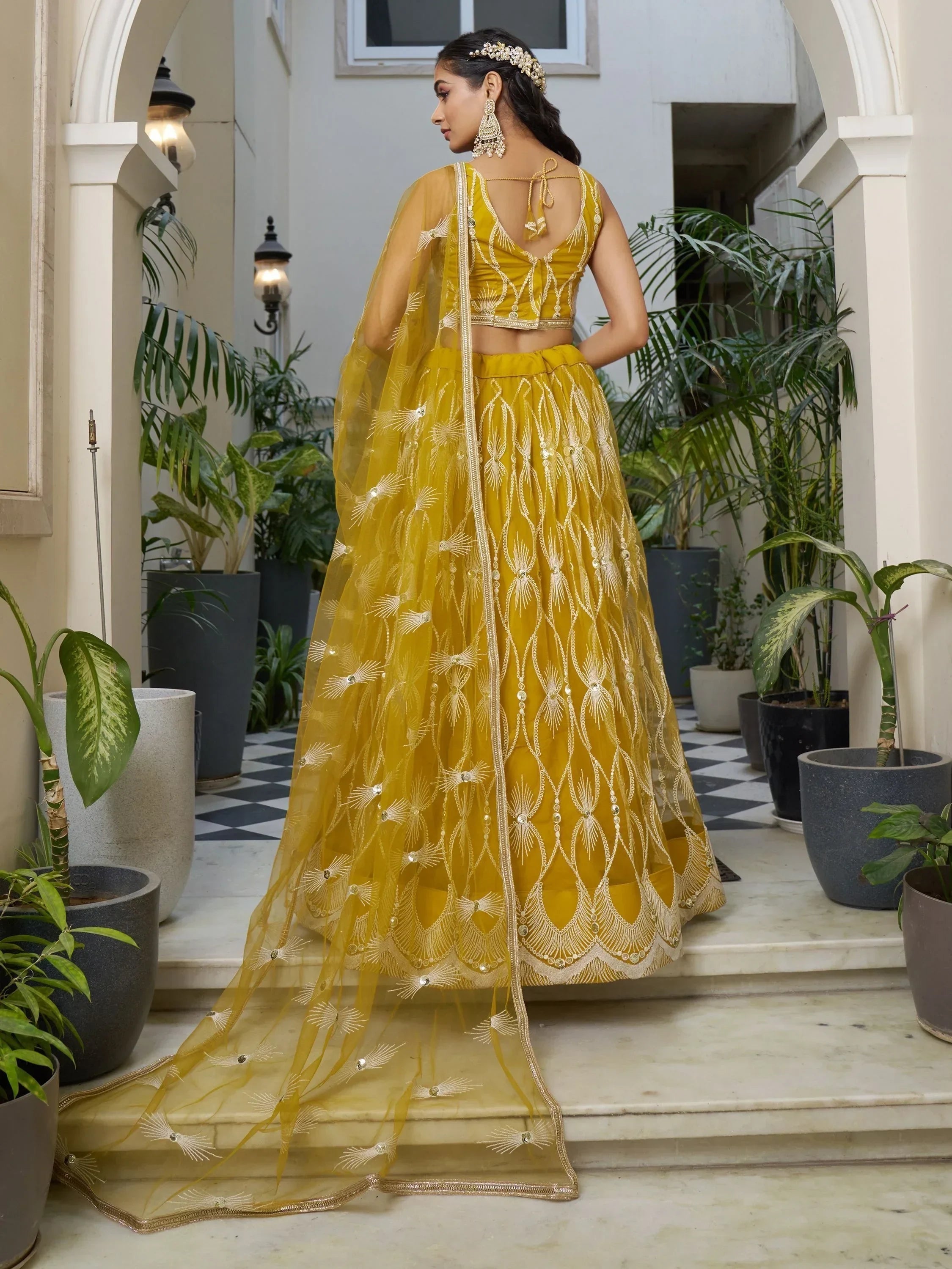 Gorgeous Mustard Yellow Embroidered Net Haldi Wear Lehenga Choli
