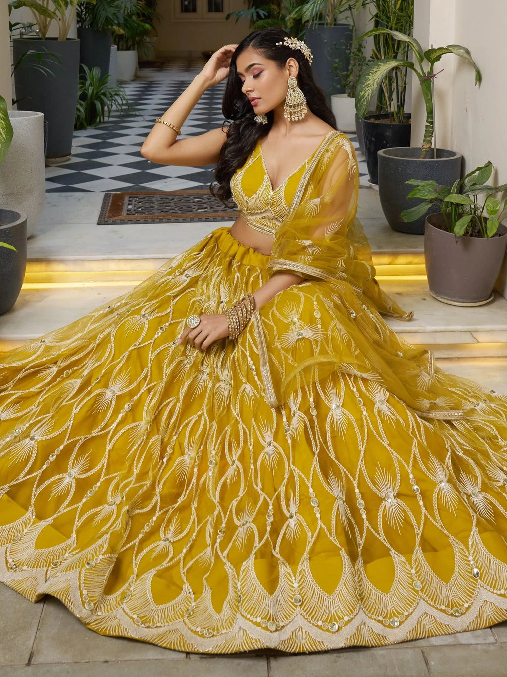 Gorgeous Mustard Yellow Embroidered Net Haldi Wear Lehenga Choli