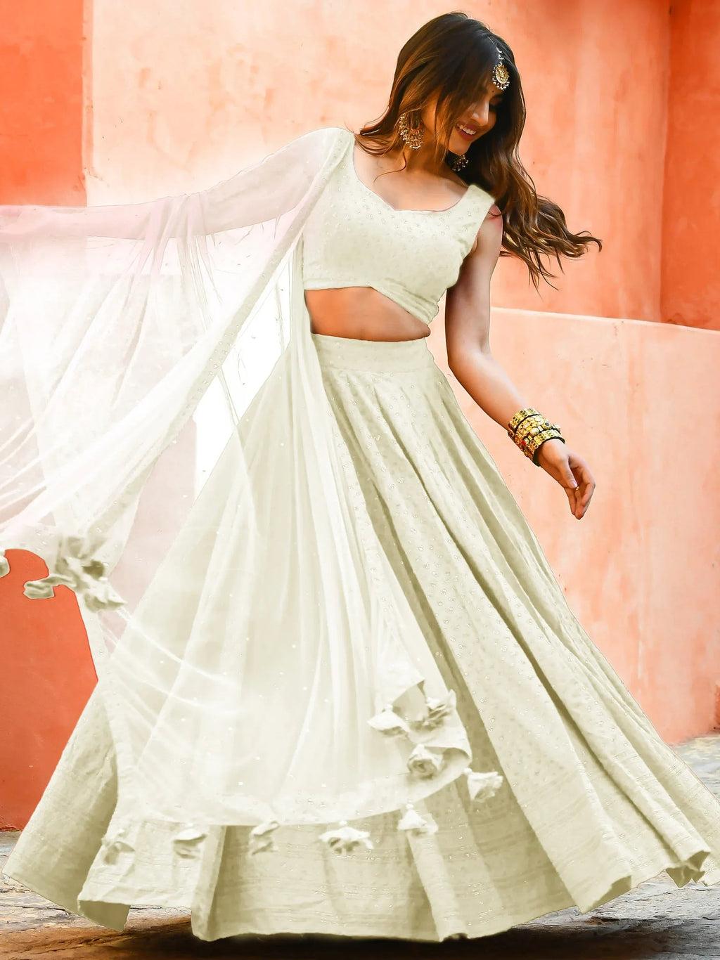 Off White Sweet Sequins Georgette Reception Wear Lehenga Choli