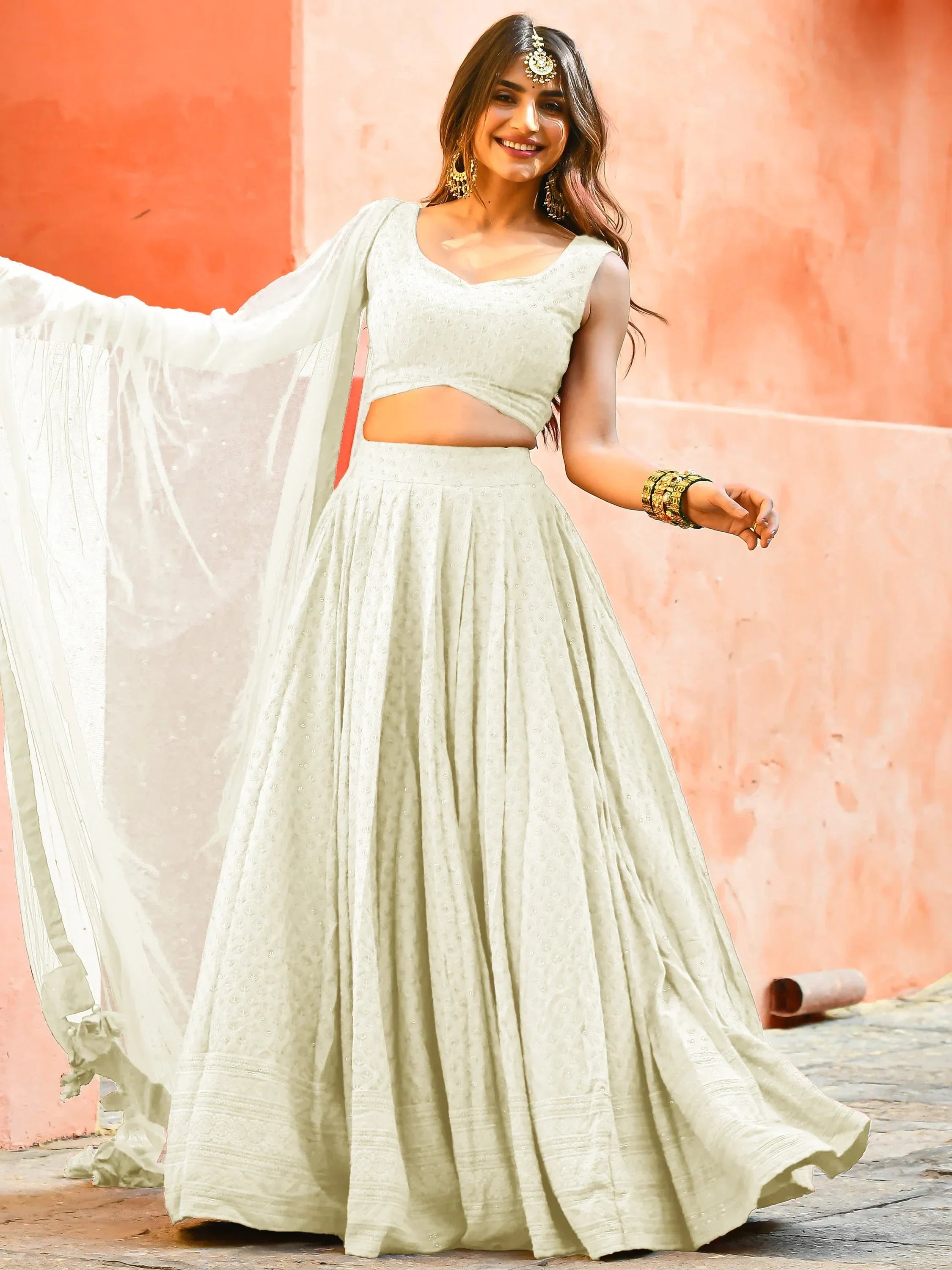 Off White Sweet Sequins Georgette Reception Wear Lehenga Choli