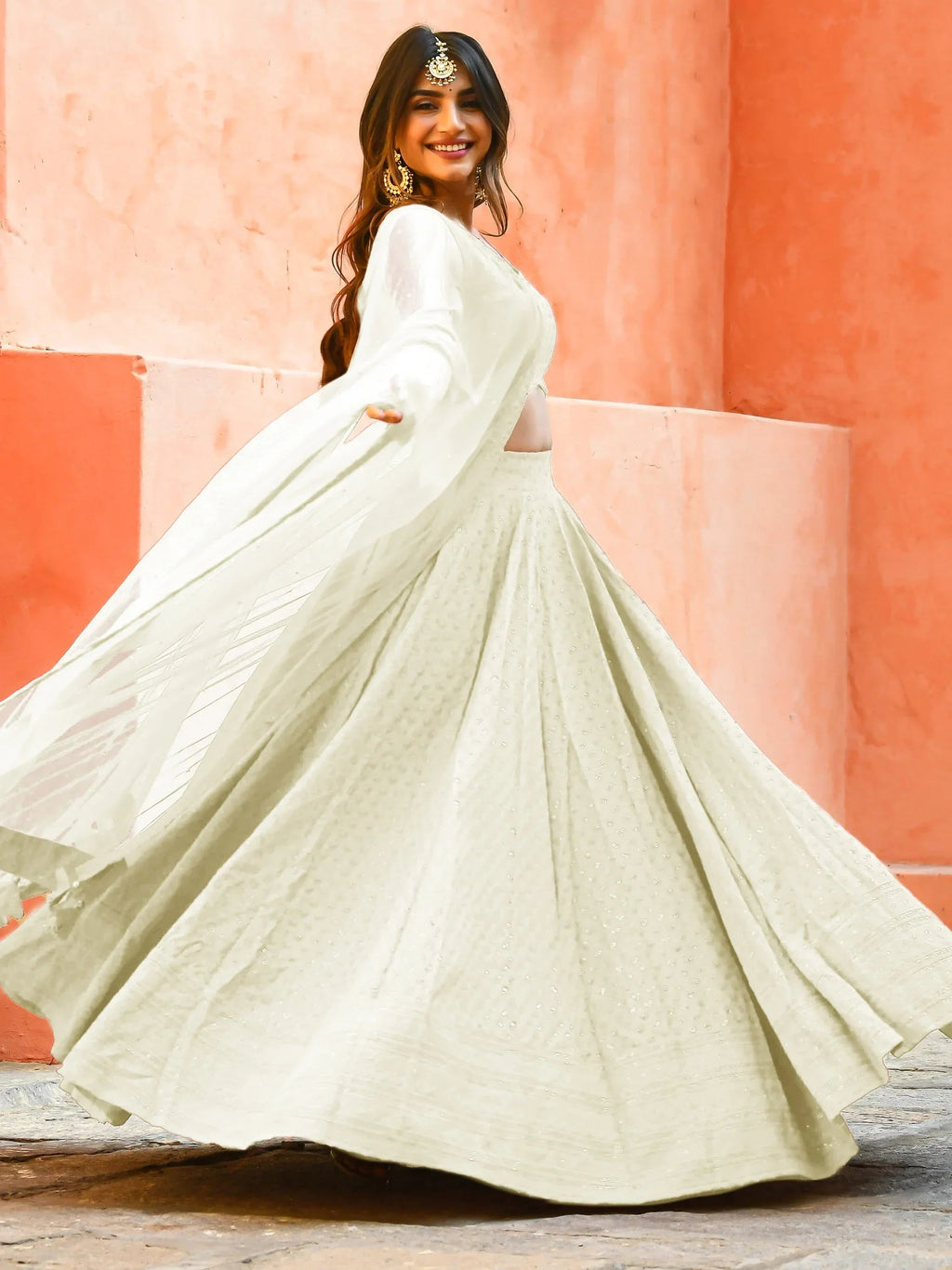 Off White Sweet Sequins Georgette Reception Wear Lehenga Choli