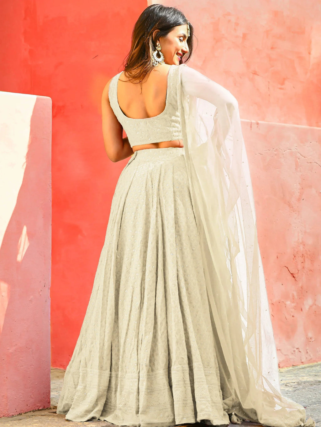 Off White Sweet Sequins Georgette Reception Wear Lehenga Choli