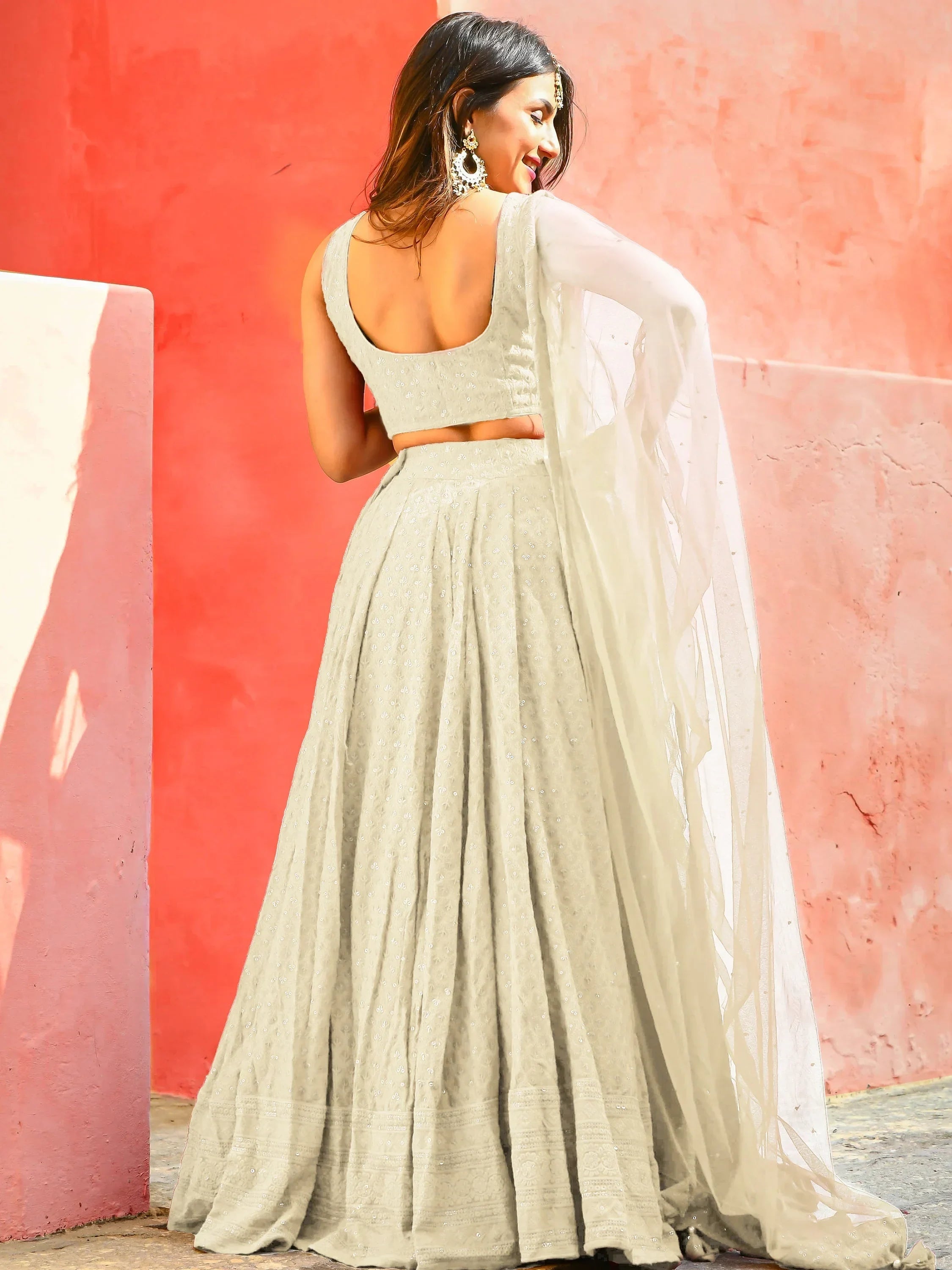 Off White Sweet Sequins Georgette Reception Wear Lehenga Choli