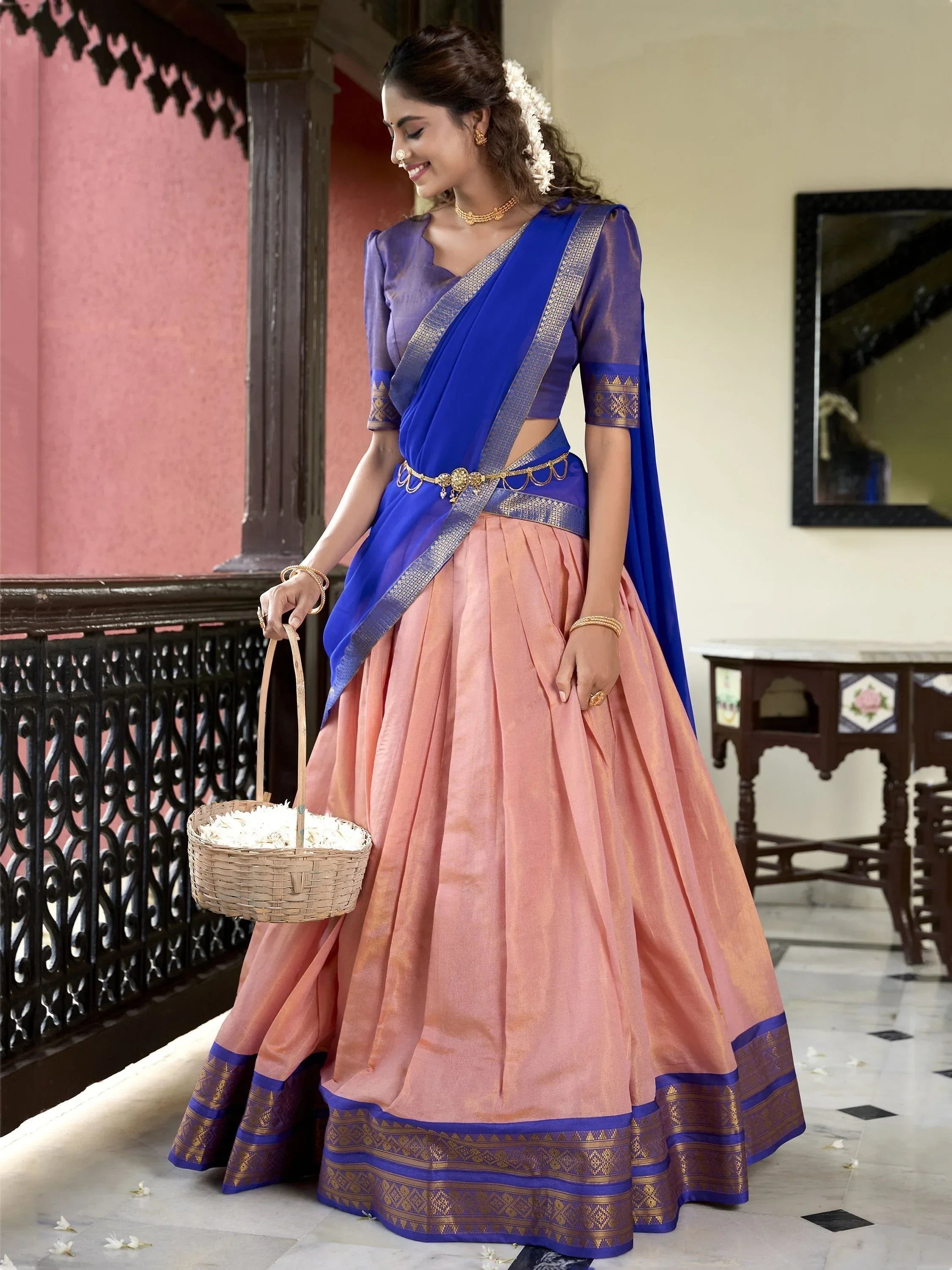 Gorgeous Peach Zari Weaving Kanchipuram Silk Traditional Lehenga Choli