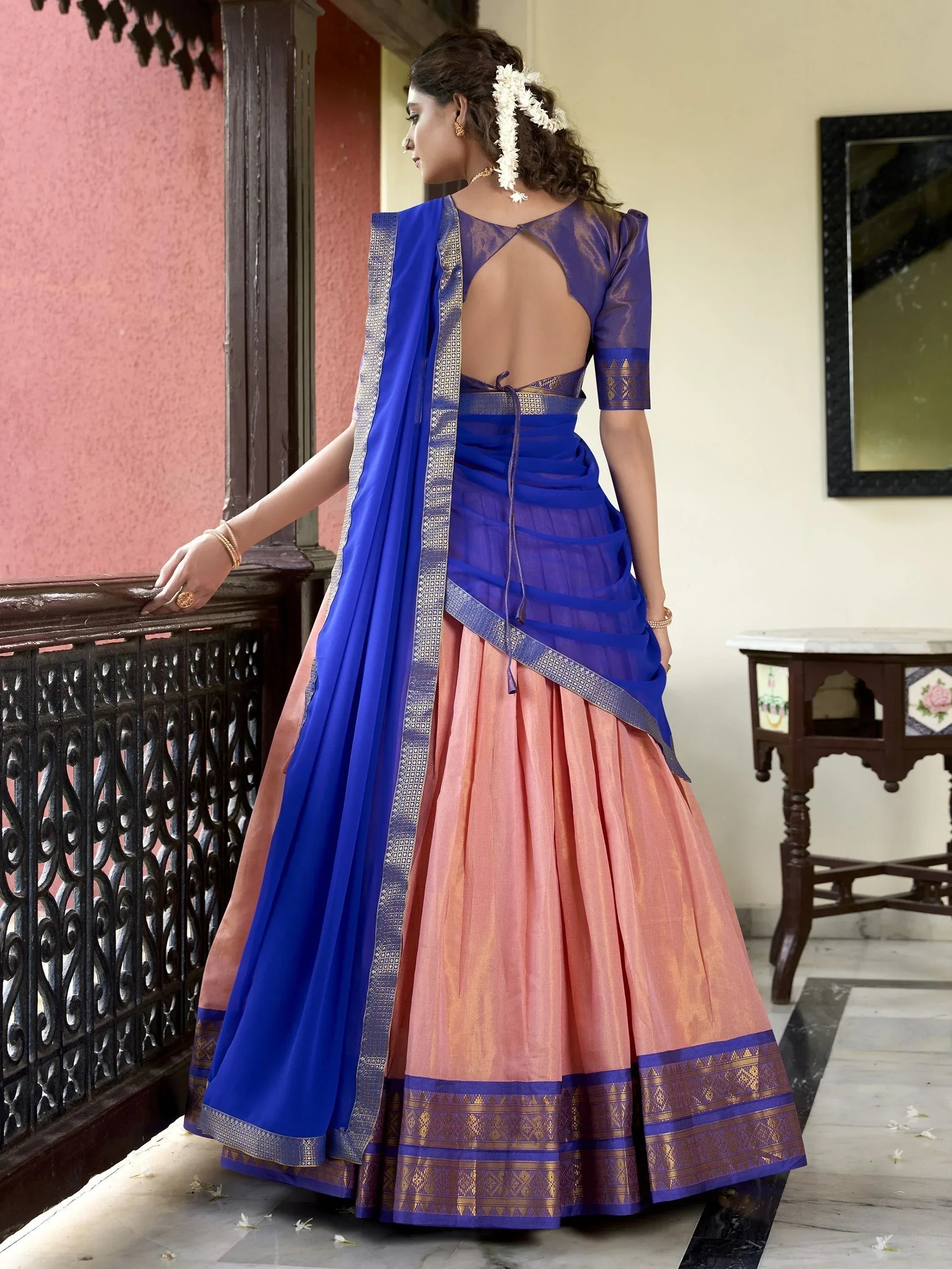 Gorgeous Peach Zari Weaving Kanchipuram Silk Traditional Lehenga Choli
