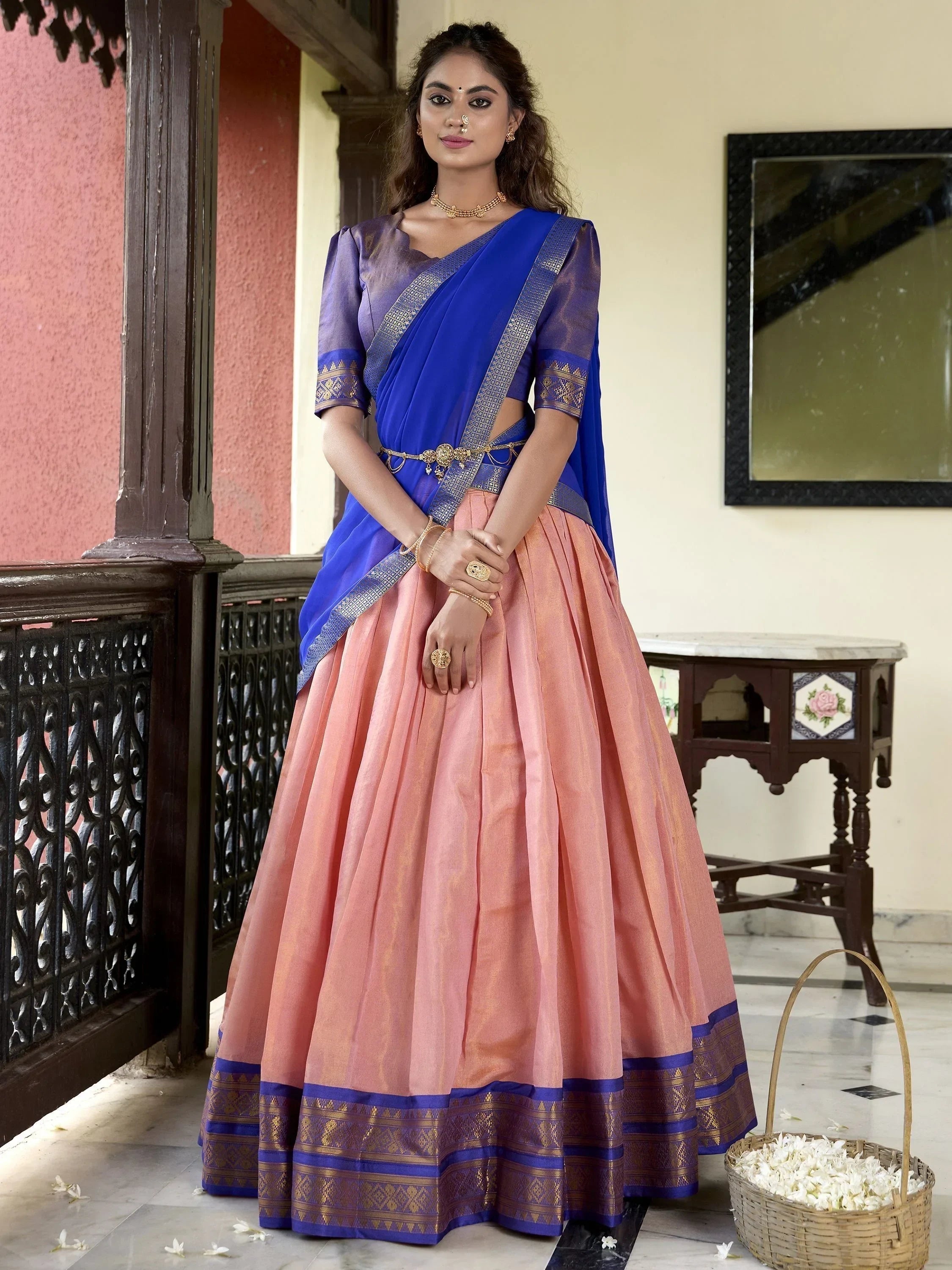 Gorgeous Peach Zari Weaving Kanchipuram Silk Traditional Lehenga Choli