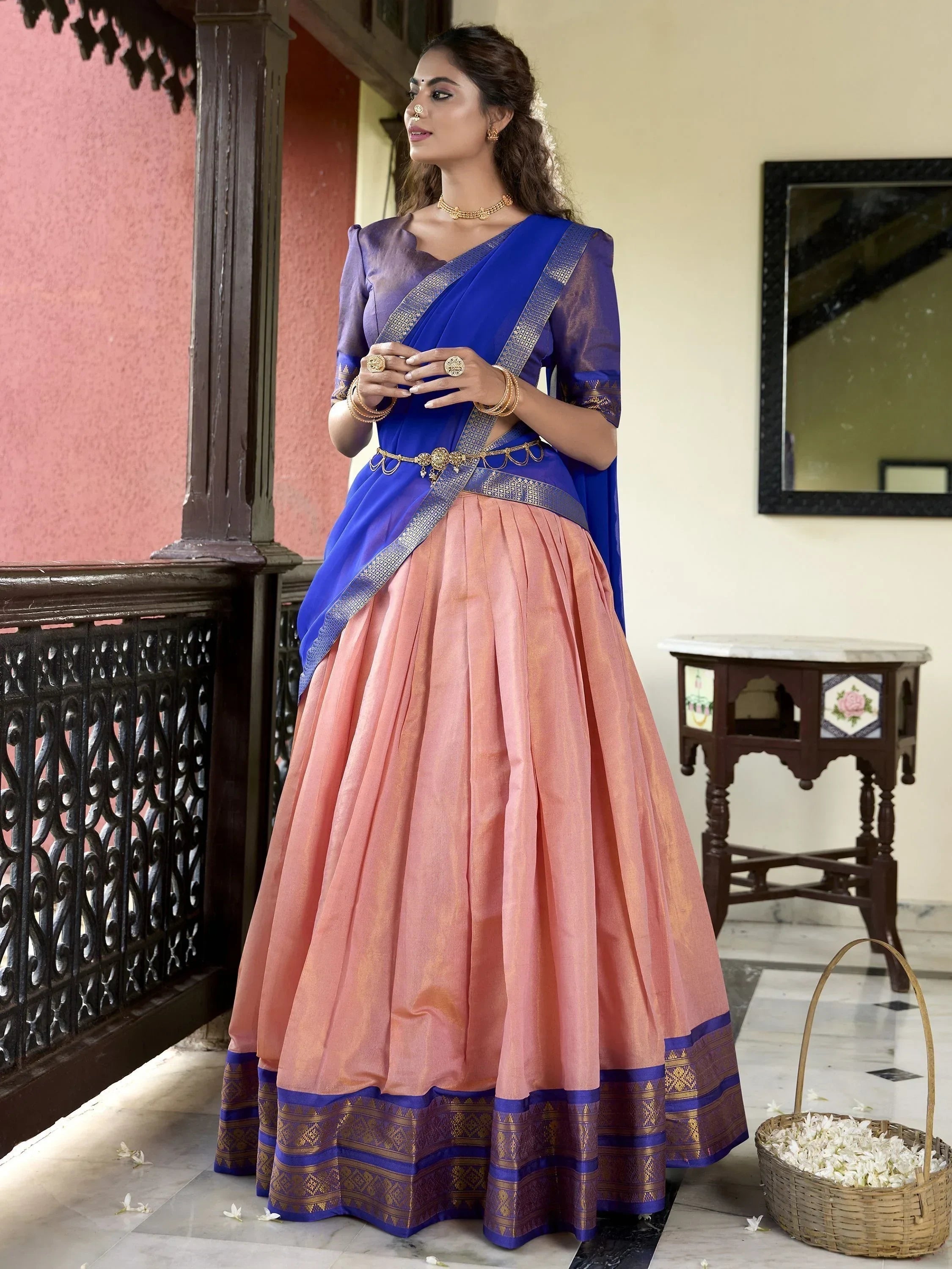 Gorgeous Peach Zari Weaving Kanchipuram Silk Traditional Lehenga Choli