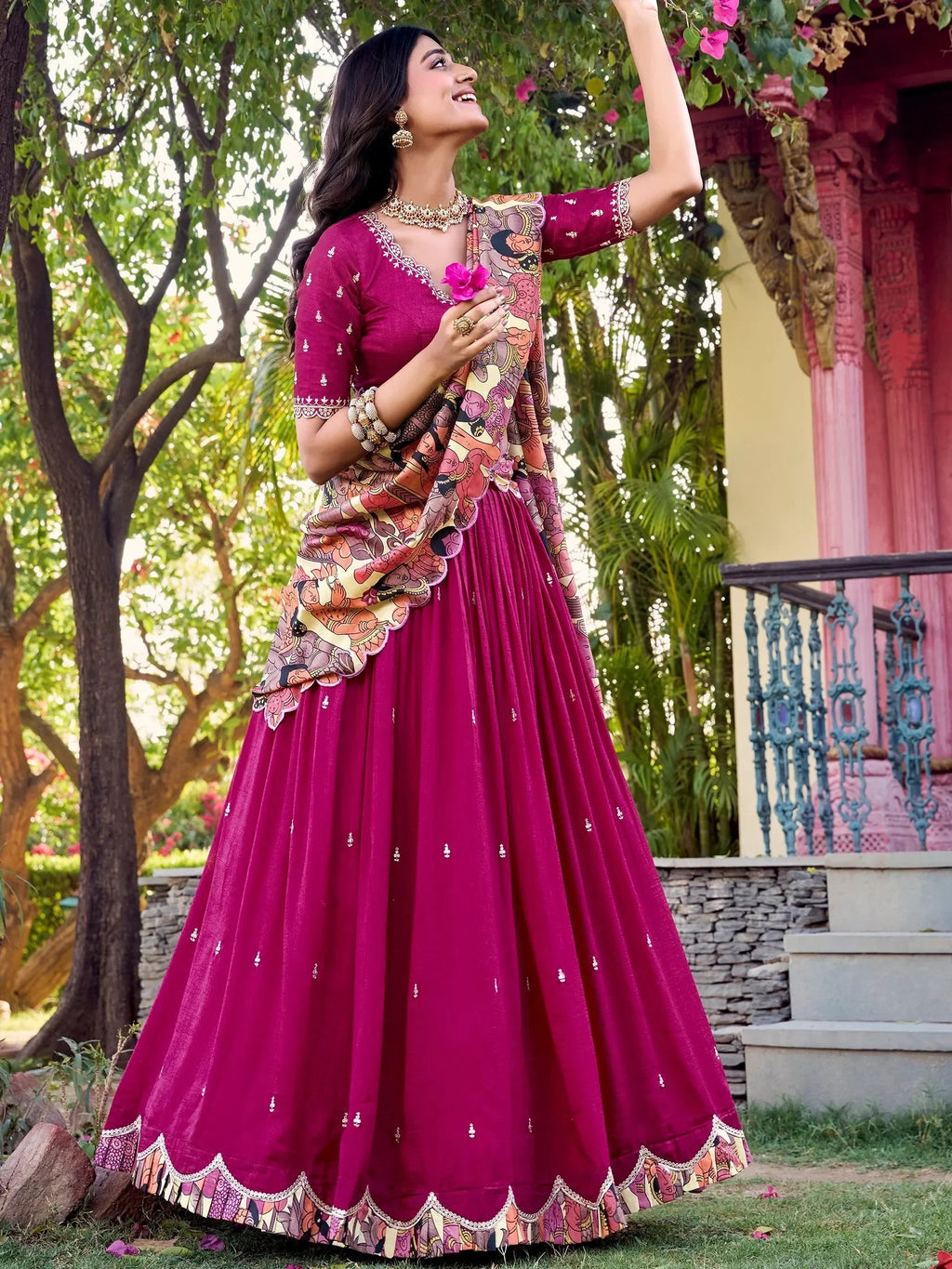 Pink Gorgeous Thread Work Vichitra Silk Festive Wear Lehenga Choli