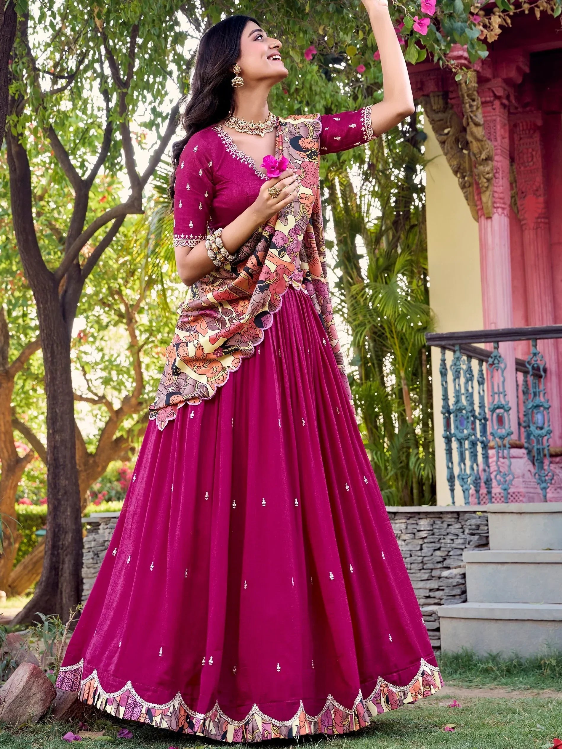 Pink Gorgeous Thread Work Vichitra Silk Festive Wear Lehenga Choli