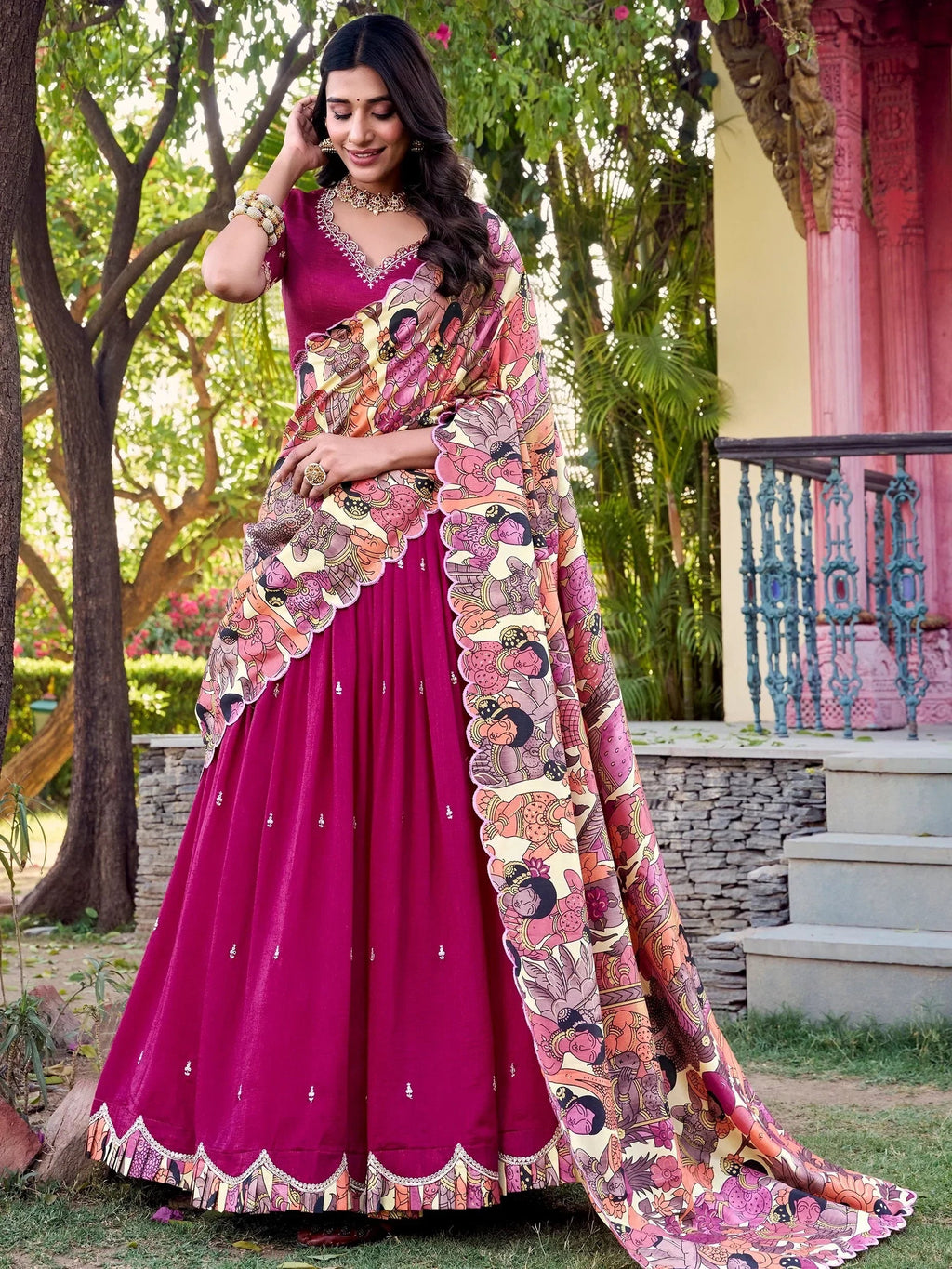 Pink Gorgeous Thread Work Vichitra Silk Festive Wear Lehenga Choli