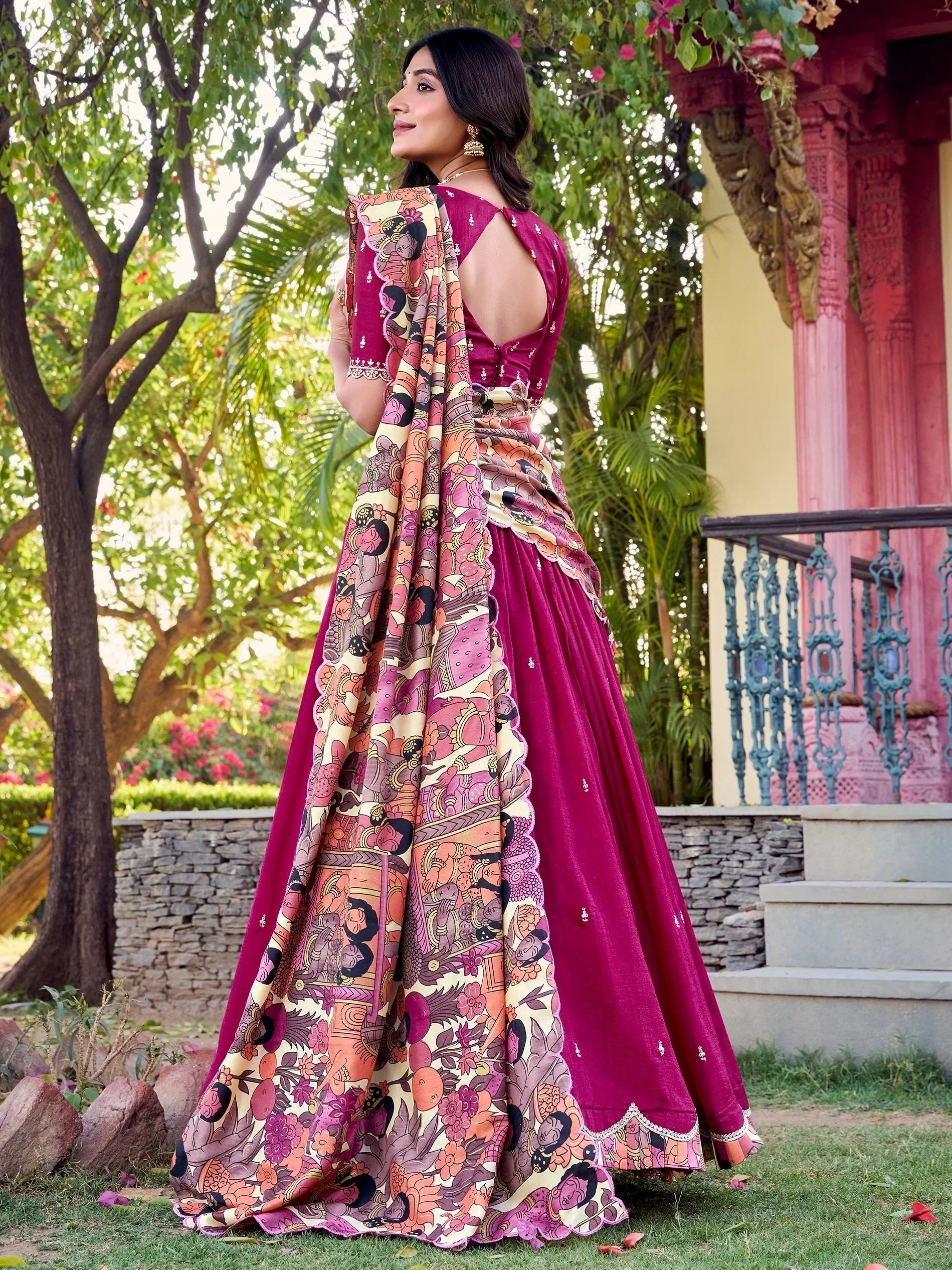 Pink Gorgeous Thread Work Vichitra Silk Festive Wear Lehenga Choli