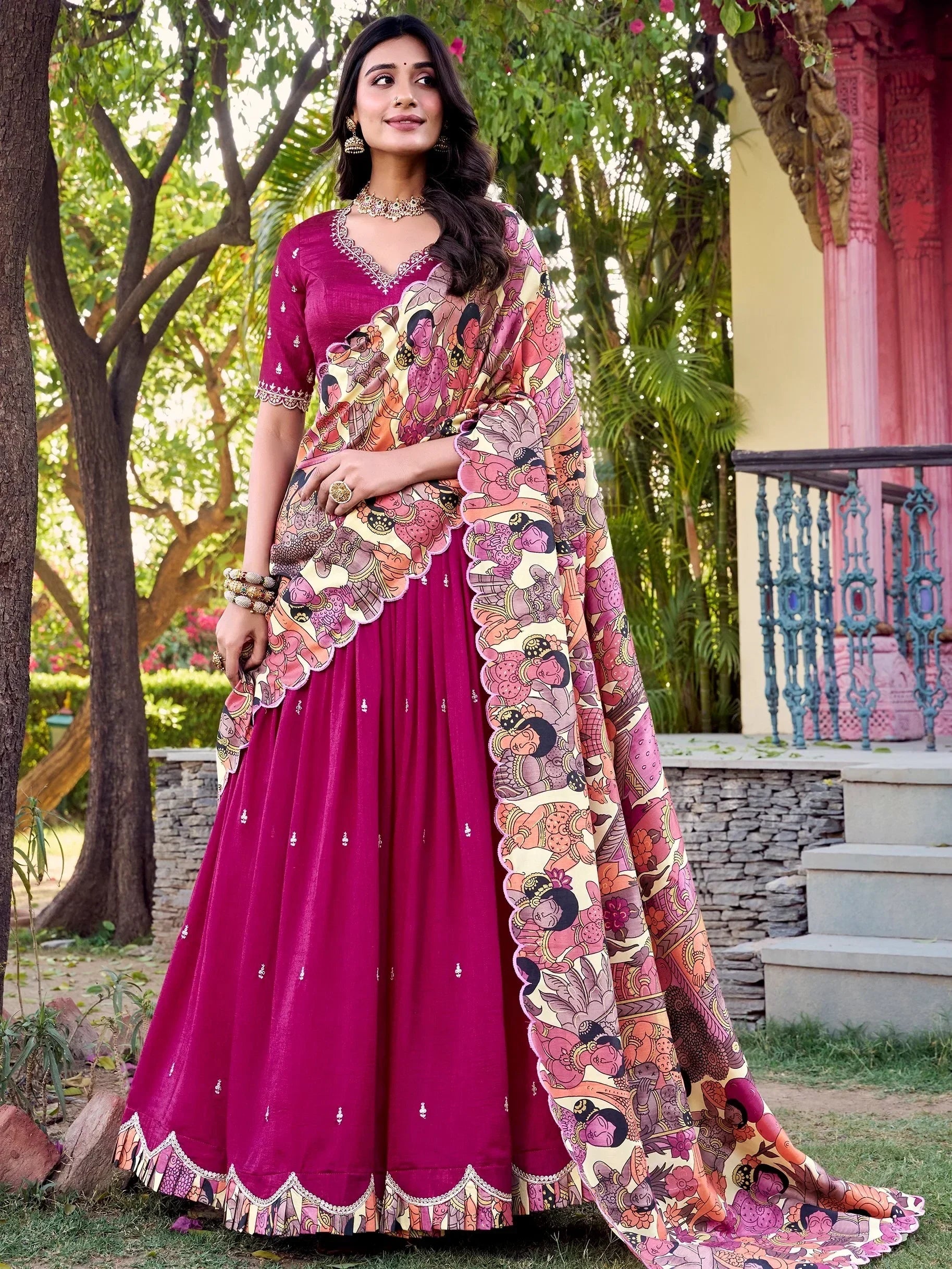 Pink Gorgeous Thread Work Vichitra Silk Festive Wear Lehenga Choli