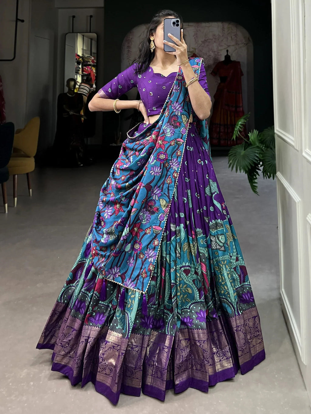 Purple Fetching Kalamkari Print Tussar Silk Festival Wear Lehenga Choli