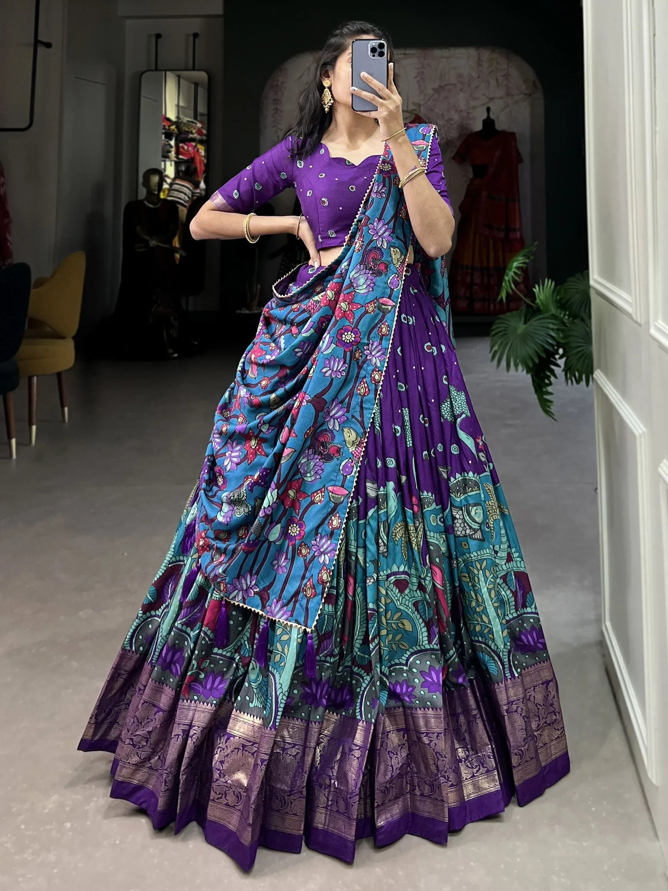 Purple Fetching Kalamkari Print Tussar Silk Festival Wear Lehenga Choli
