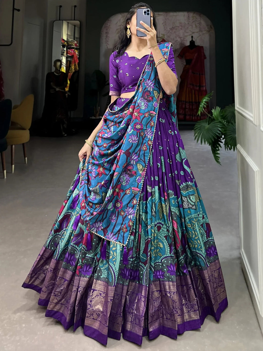 Purple Fetching Kalamkari Print Tussar Silk Festival Wear Lehenga Choli