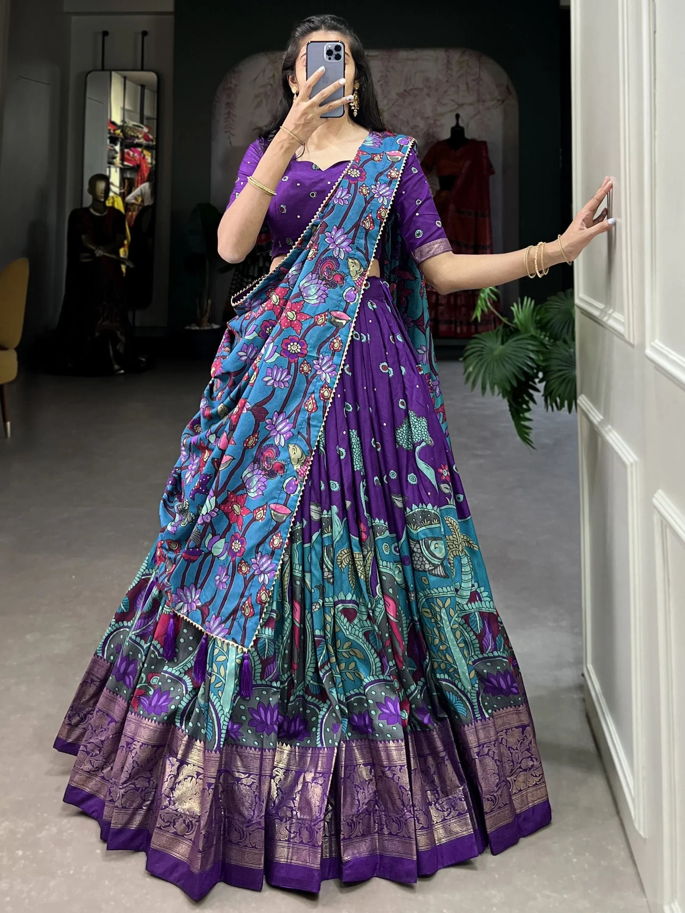 Purple Fetching Kalamkari Print Tussar Silk Festival Wear Lehenga Choli