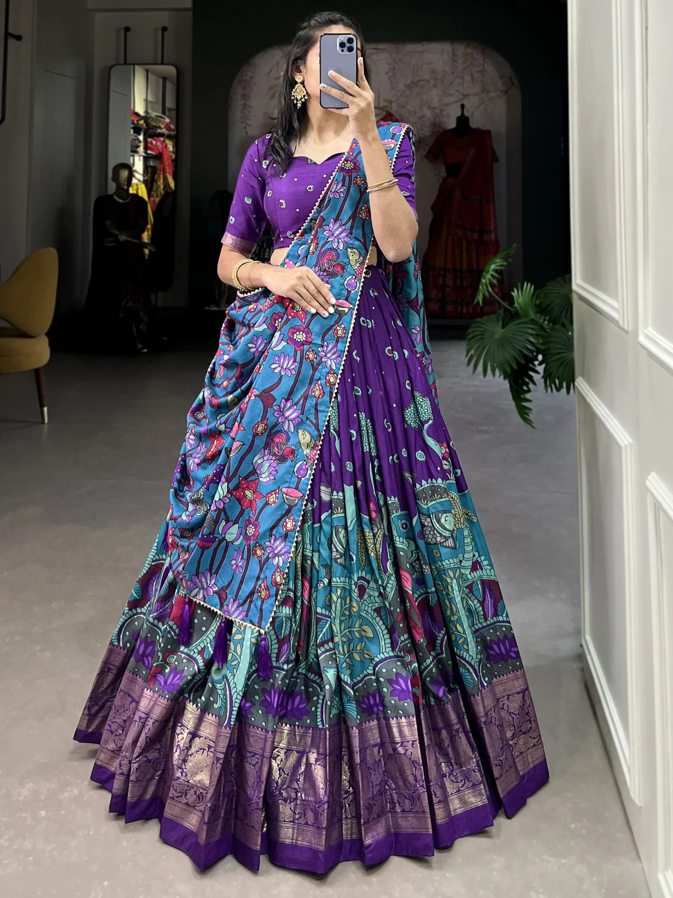 Purple Fetching Kalamkari Print Tussar Silk Festival Wear Lehenga Choli