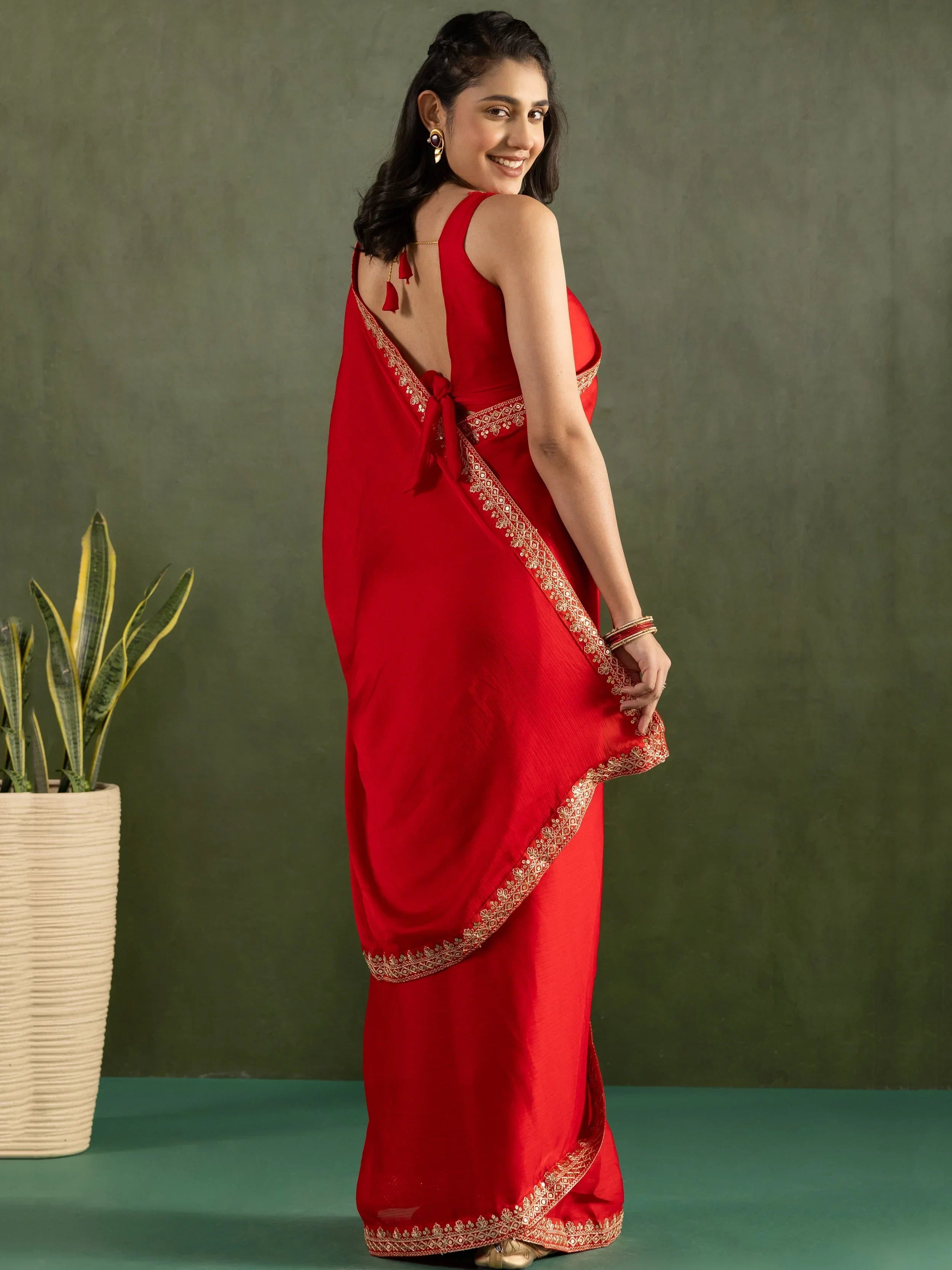 Gorgeous Red Chiffon Bridal Ready To Wear Saree
