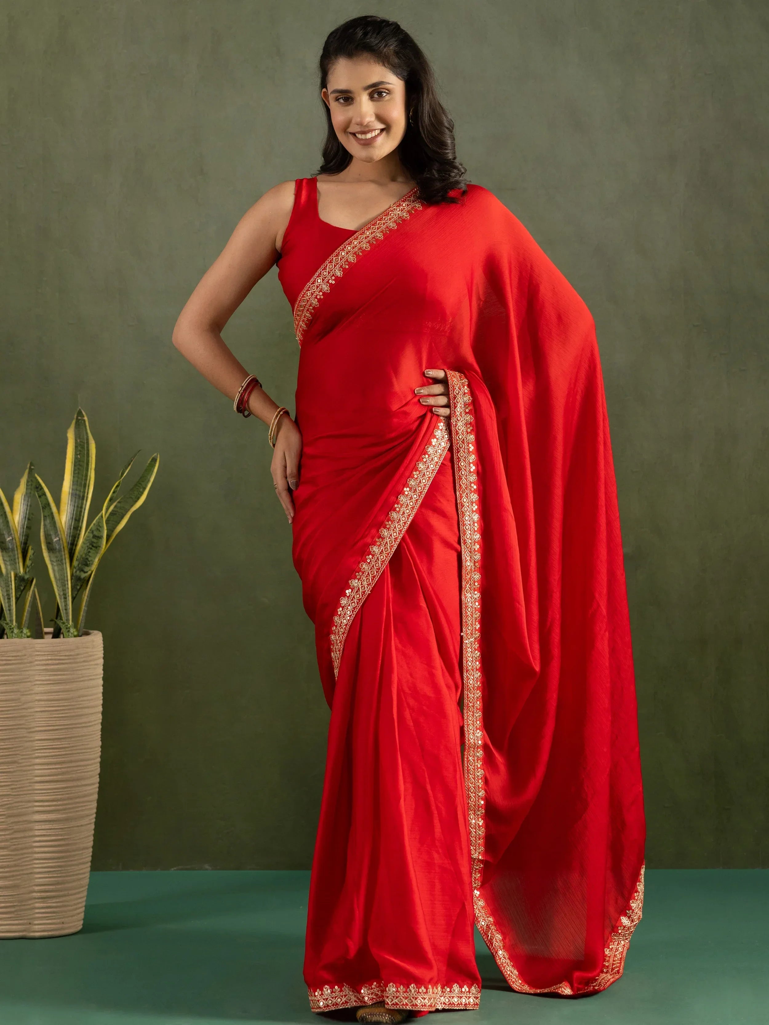 Gorgeous Red Chiffon Bridal Ready To Wear Saree