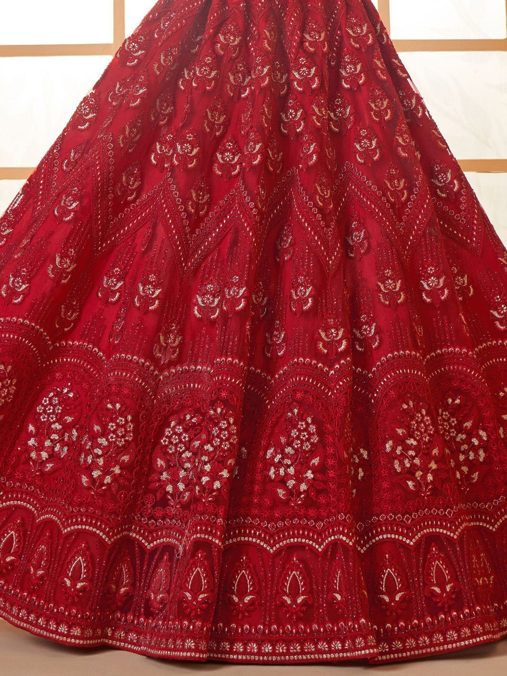Gorgeous Red Embroidered Net Bridesmaid Lehenga Choli With Dupatta