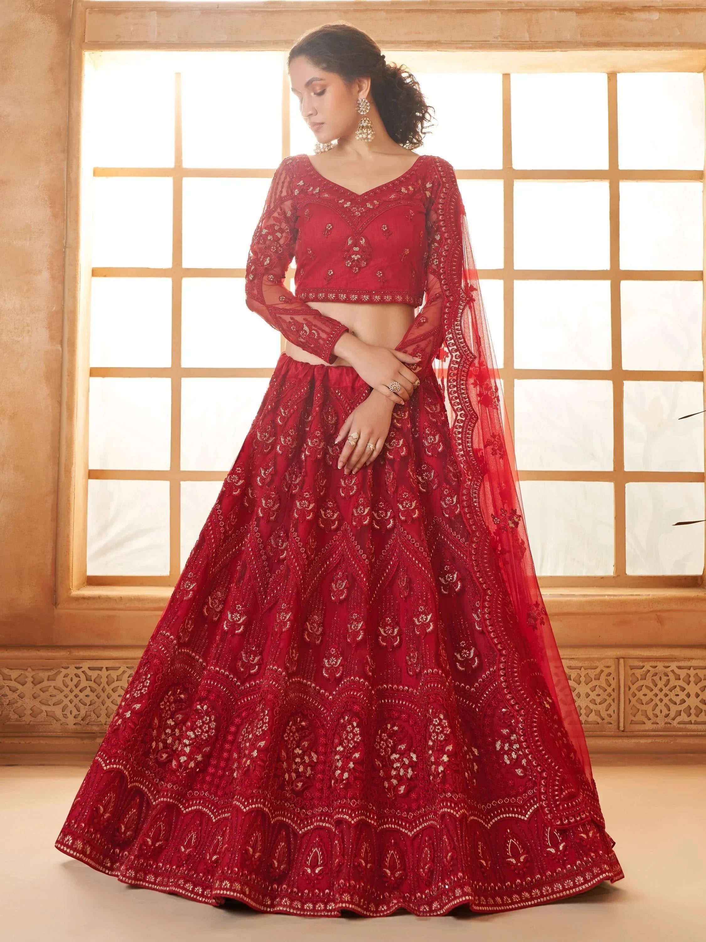 Gorgeous Red Embroidered Net Bridesmaid Lehenga Choli With Dupatta