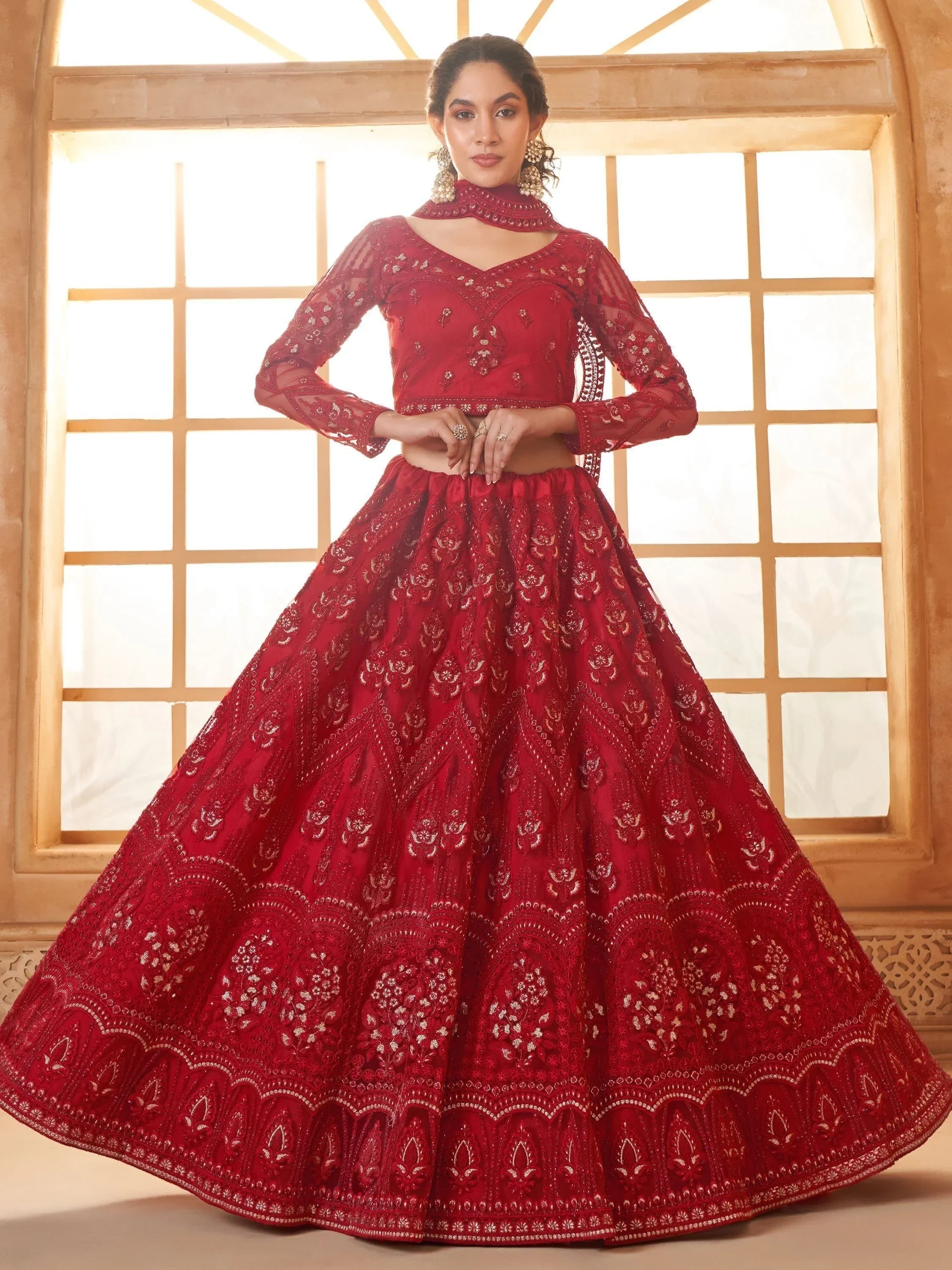Gorgeous Red Embroidered Net Bridesmaid Lehenga Choli With Dupatta