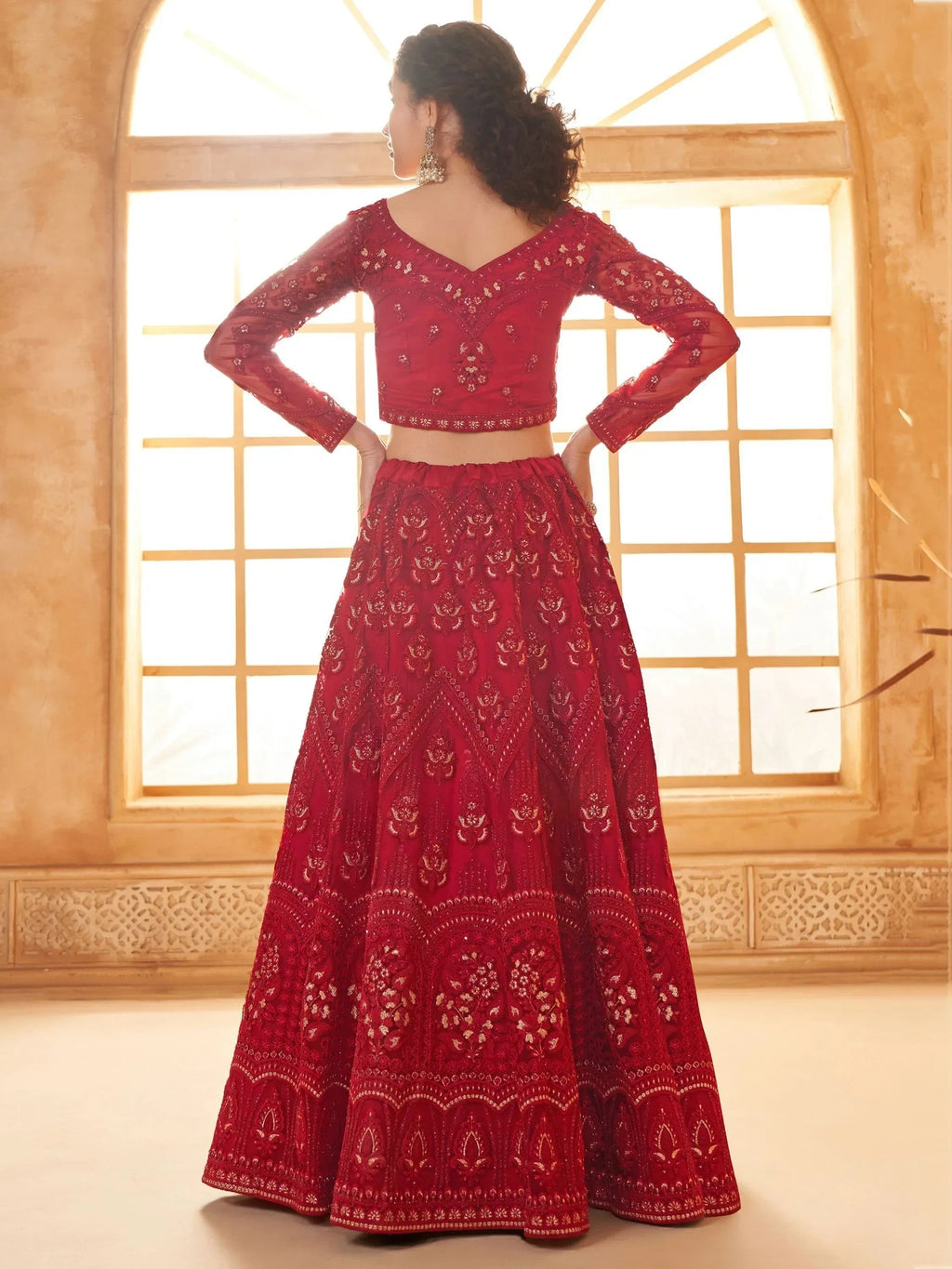 Gorgeous Red Embroidered Net Bridesmaid Lehenga Choli With Dupatta