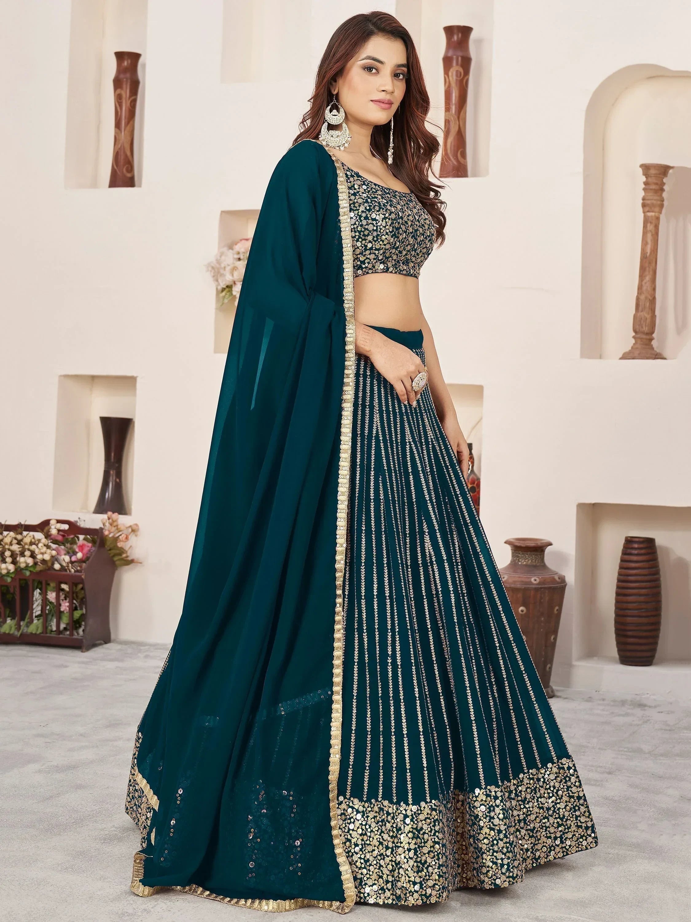 Gorgeous Teal Green Sequins Work Georgette Function Wear Lehenga Choli