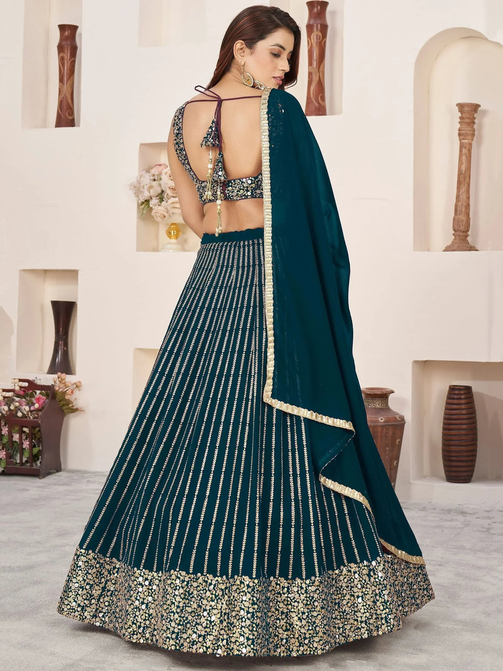 Gorgeous Teal Green Sequins Work Georgette Function Wear Lehenga Choli