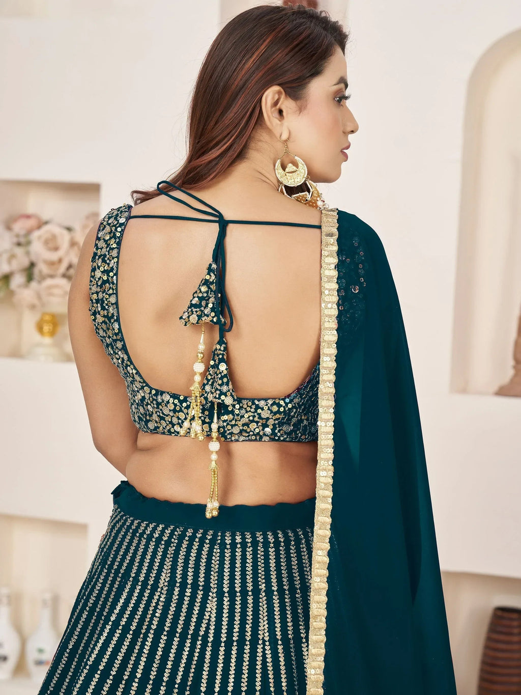 Gorgeous Teal Green Sequins Work Georgette Function Wear Lehenga Choli