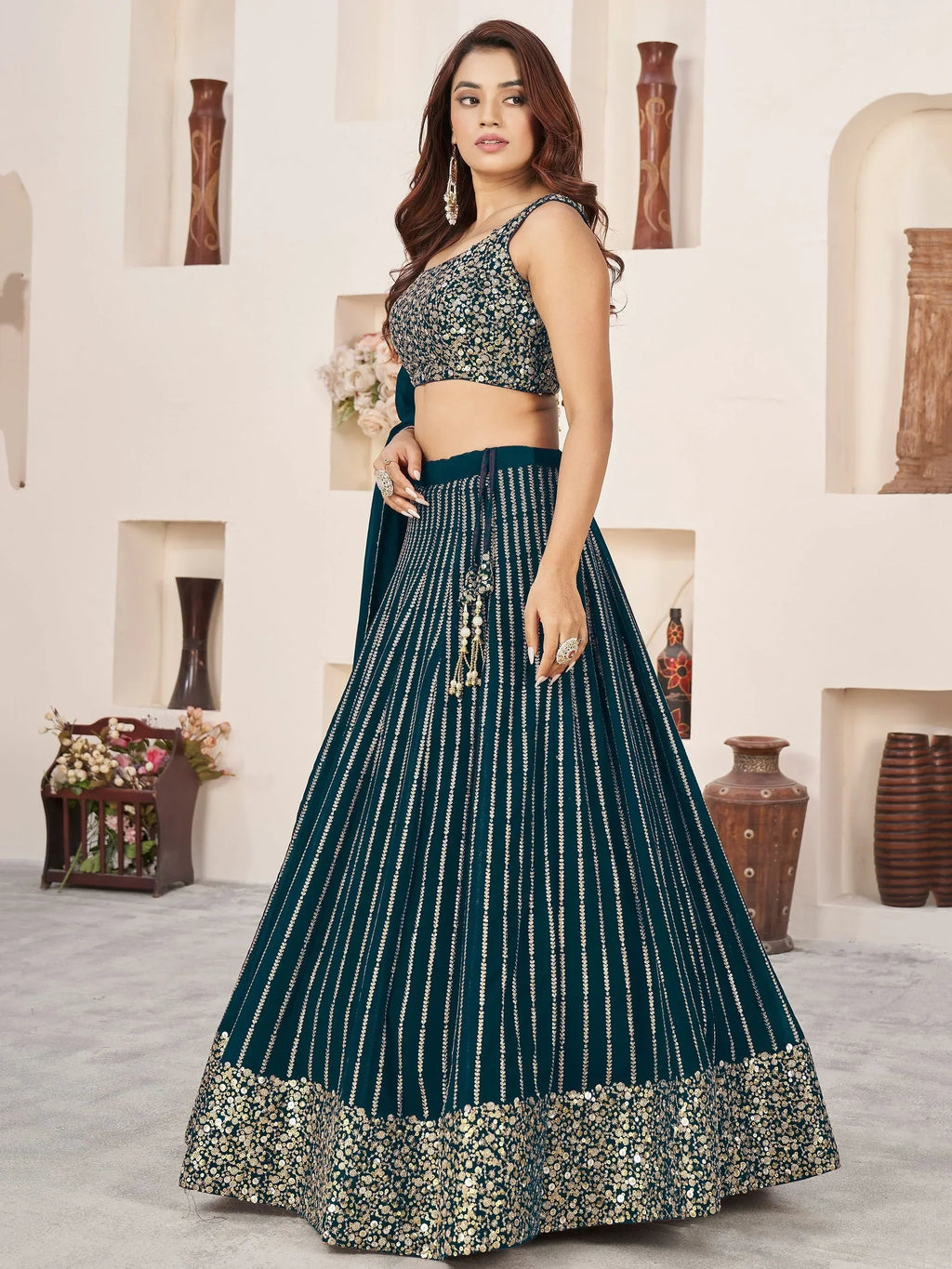Gorgeous Teal Green Sequins Work Georgette Function Wear Lehenga Choli