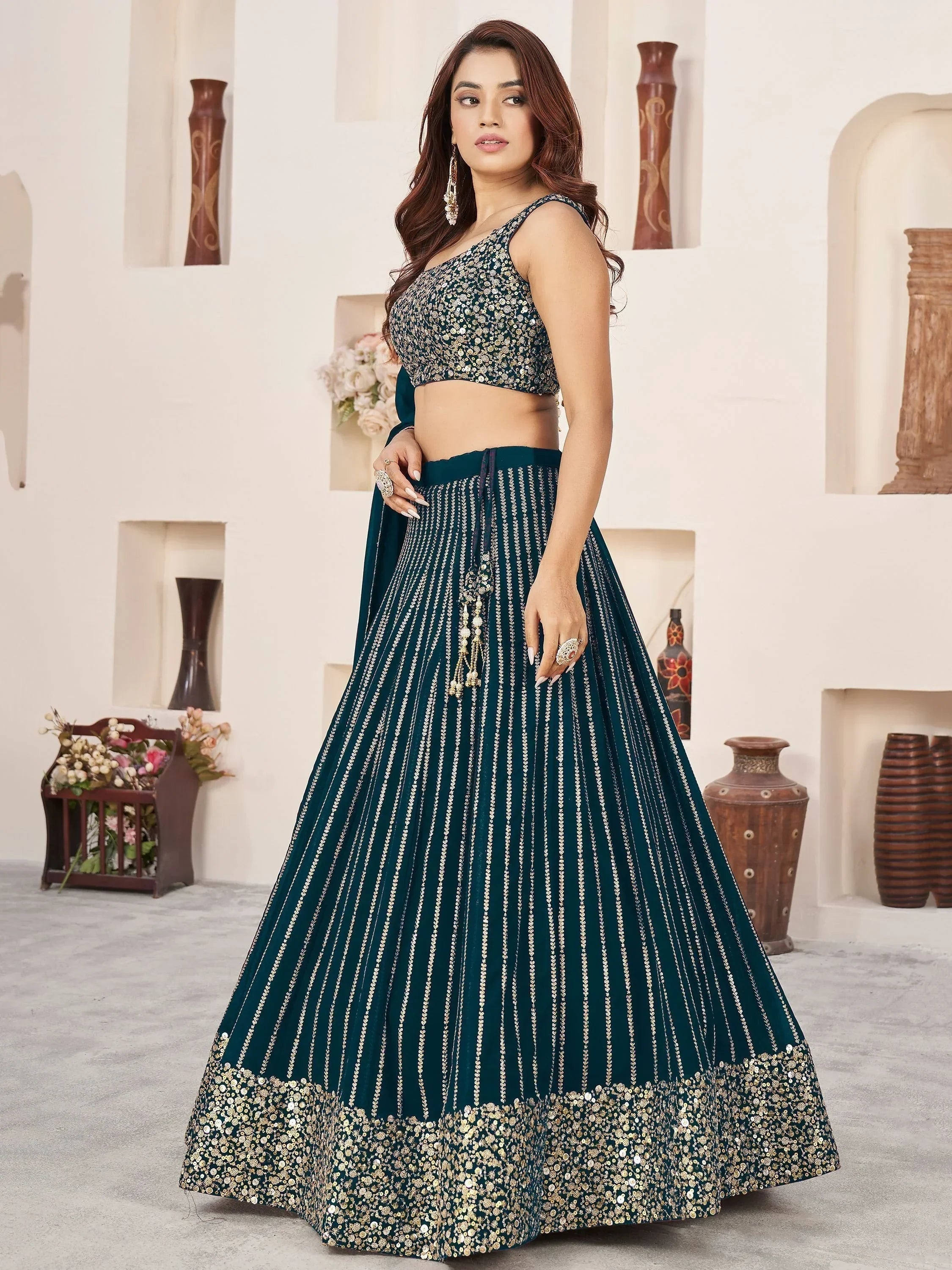 Gorgeous Teal Green Sequins Work Georgette Function Wear Lehenga Choli