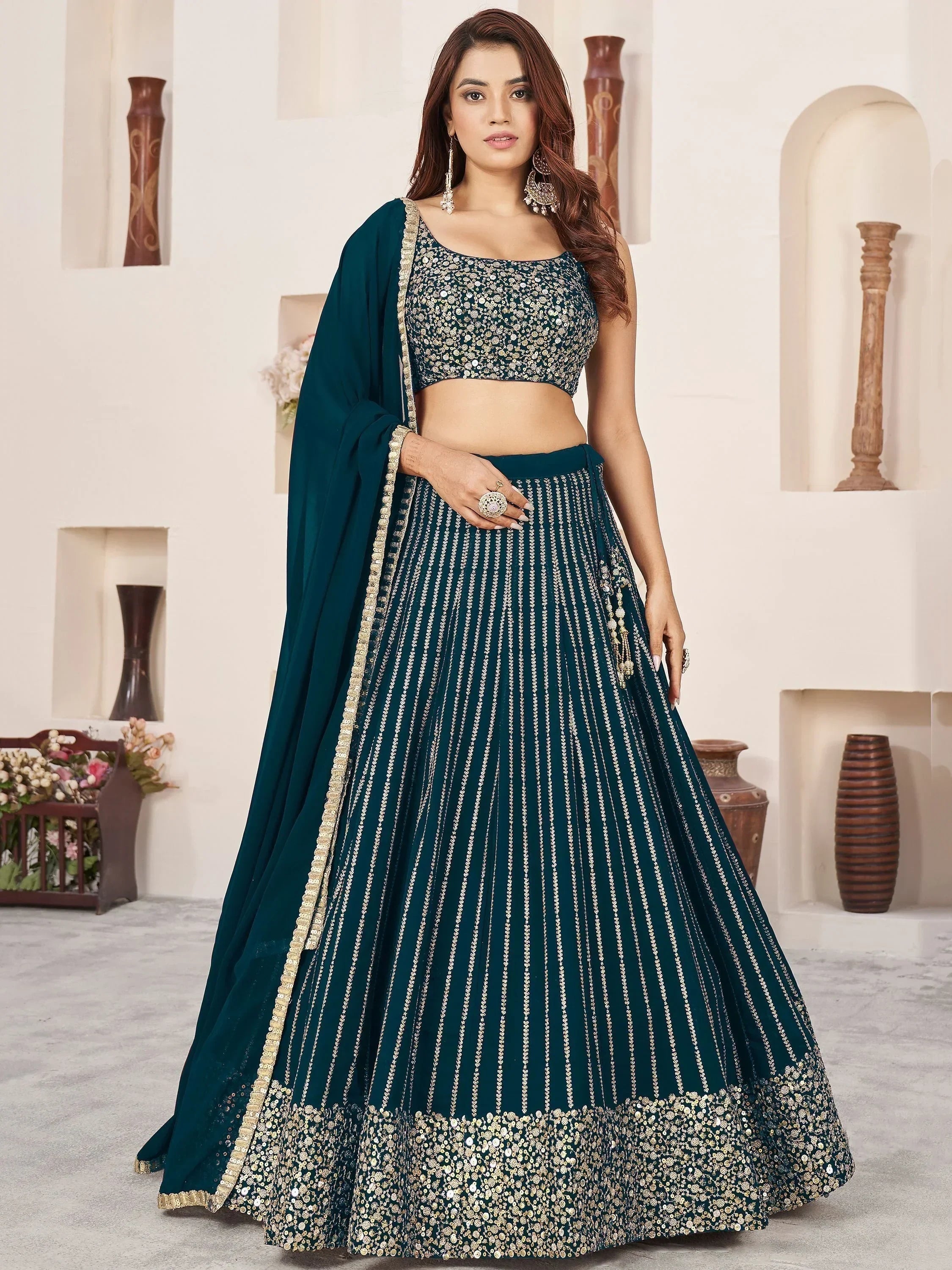 Gorgeous Teal Green Sequins Work Georgette Function Wear Lehenga Choli