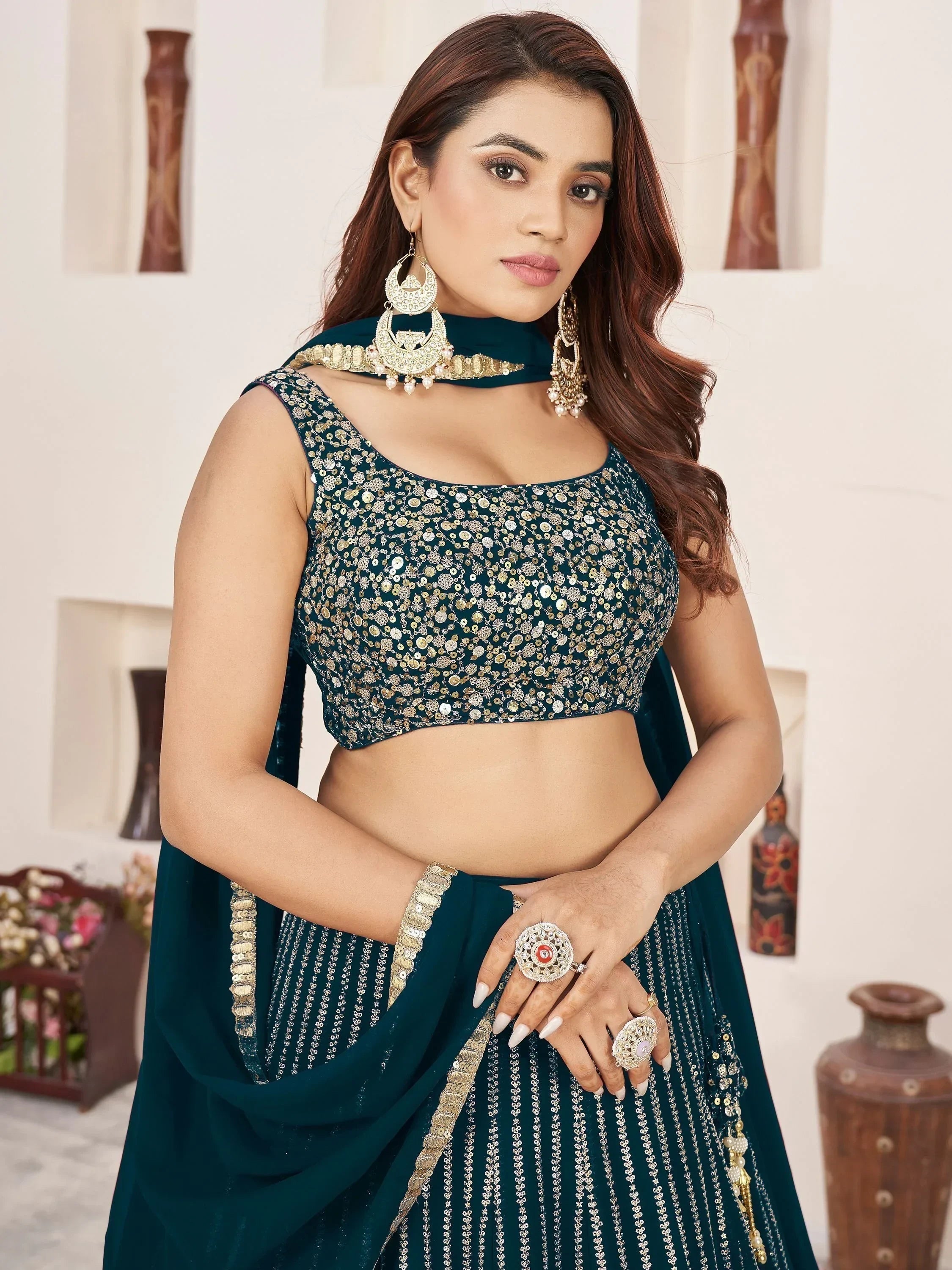 Gorgeous Teal Green Sequins Work Georgette Function Wear Lehenga Choli