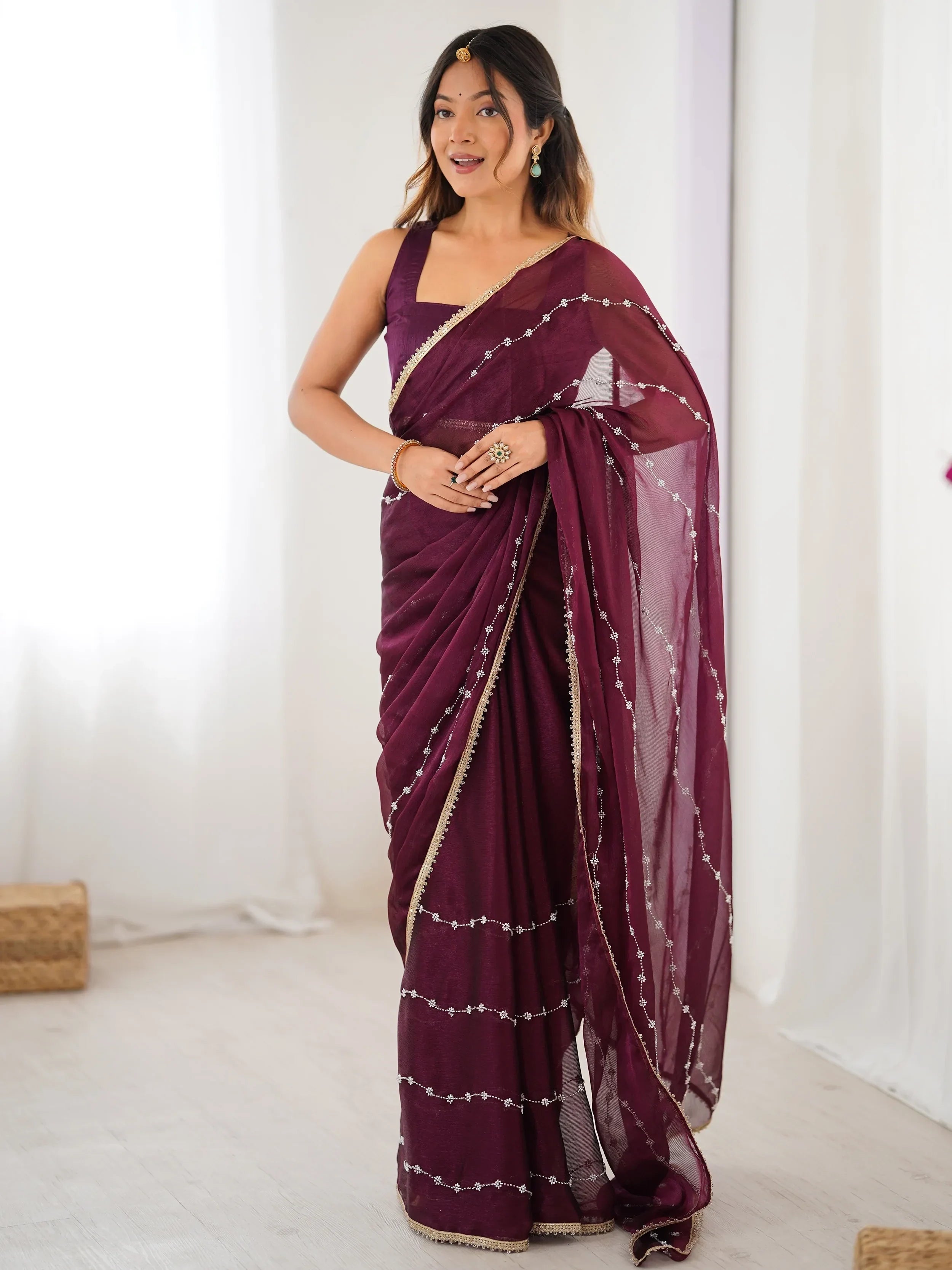 Wine Majestic Chiffon Beads Work Saree With Blouse