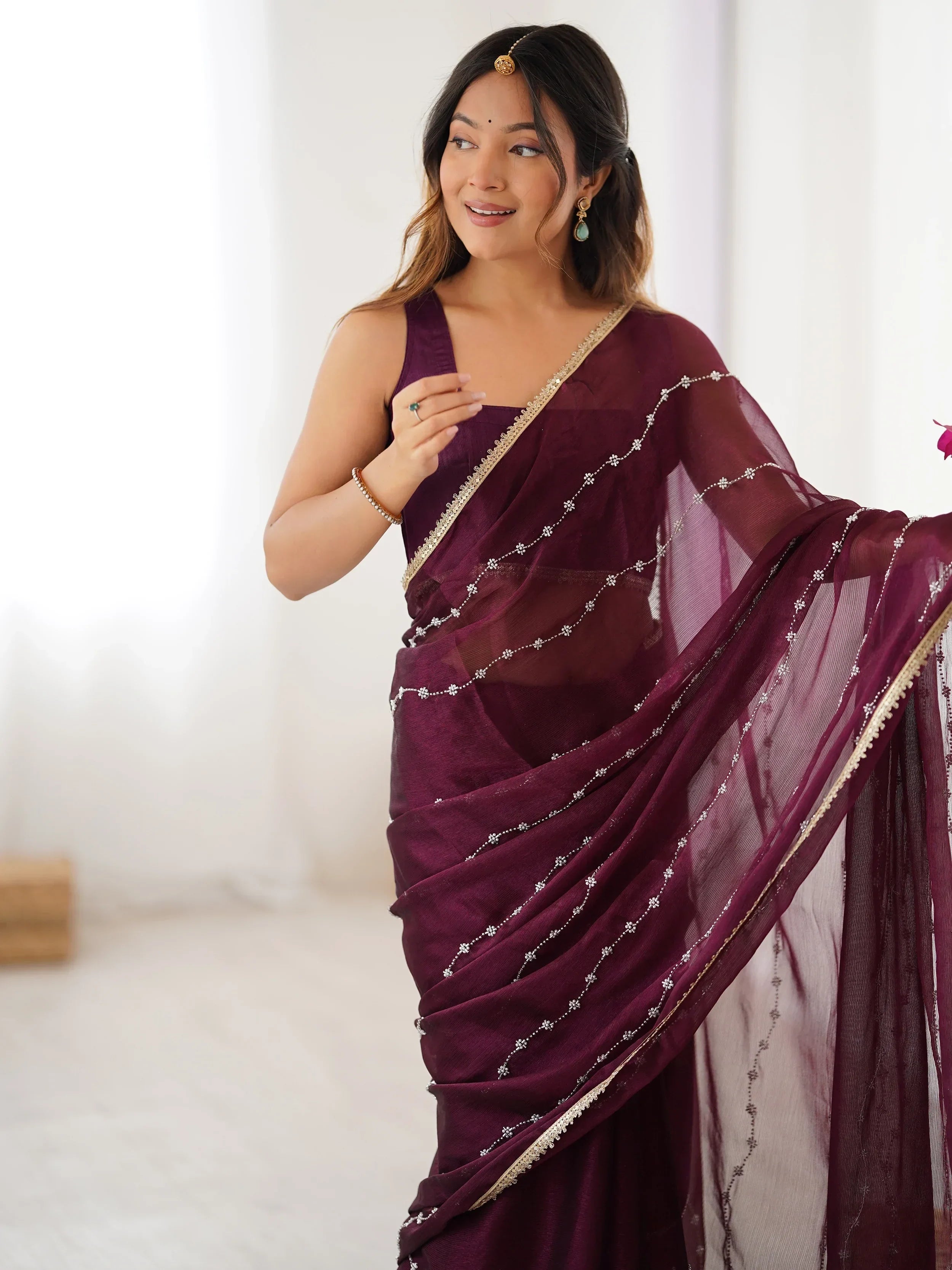Wine Majestic Chiffon Beads Work Saree With Blouse