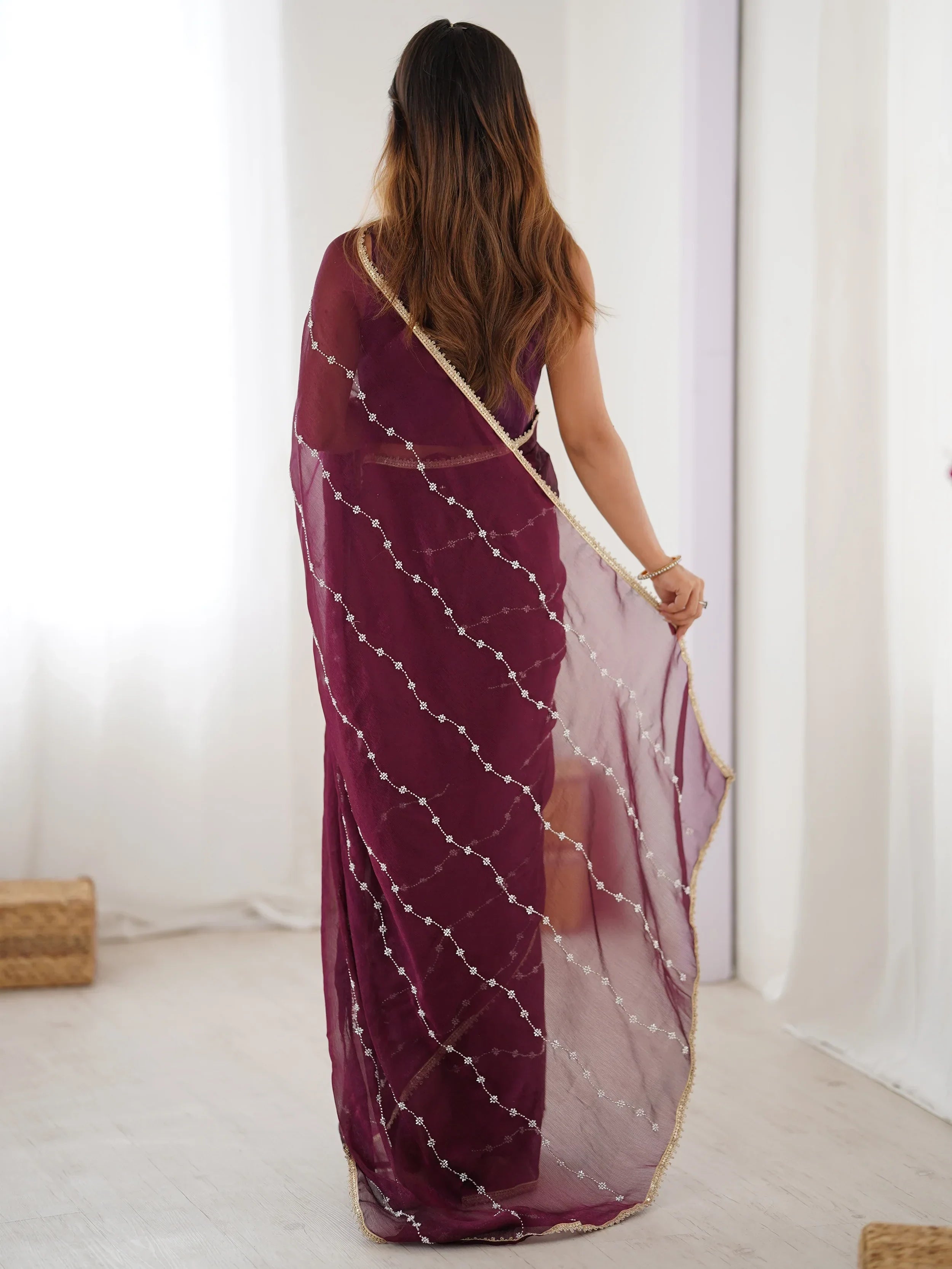 Wine Majestic Chiffon Beads Work Saree With Blouse
