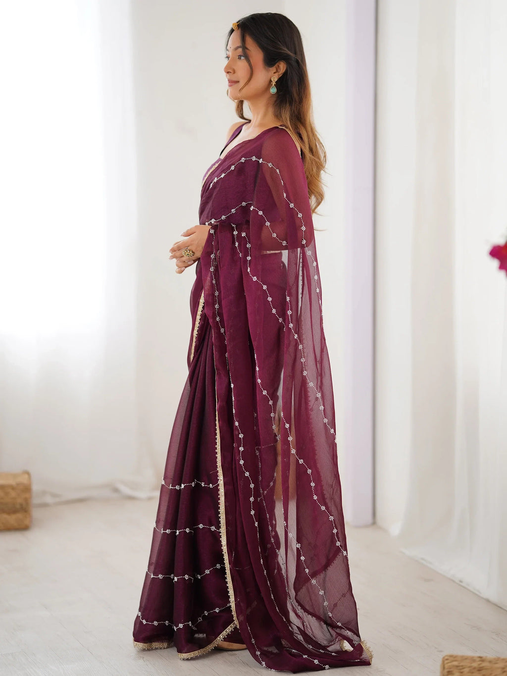 Wine Majestic Chiffon Beads Work Saree With Blouse