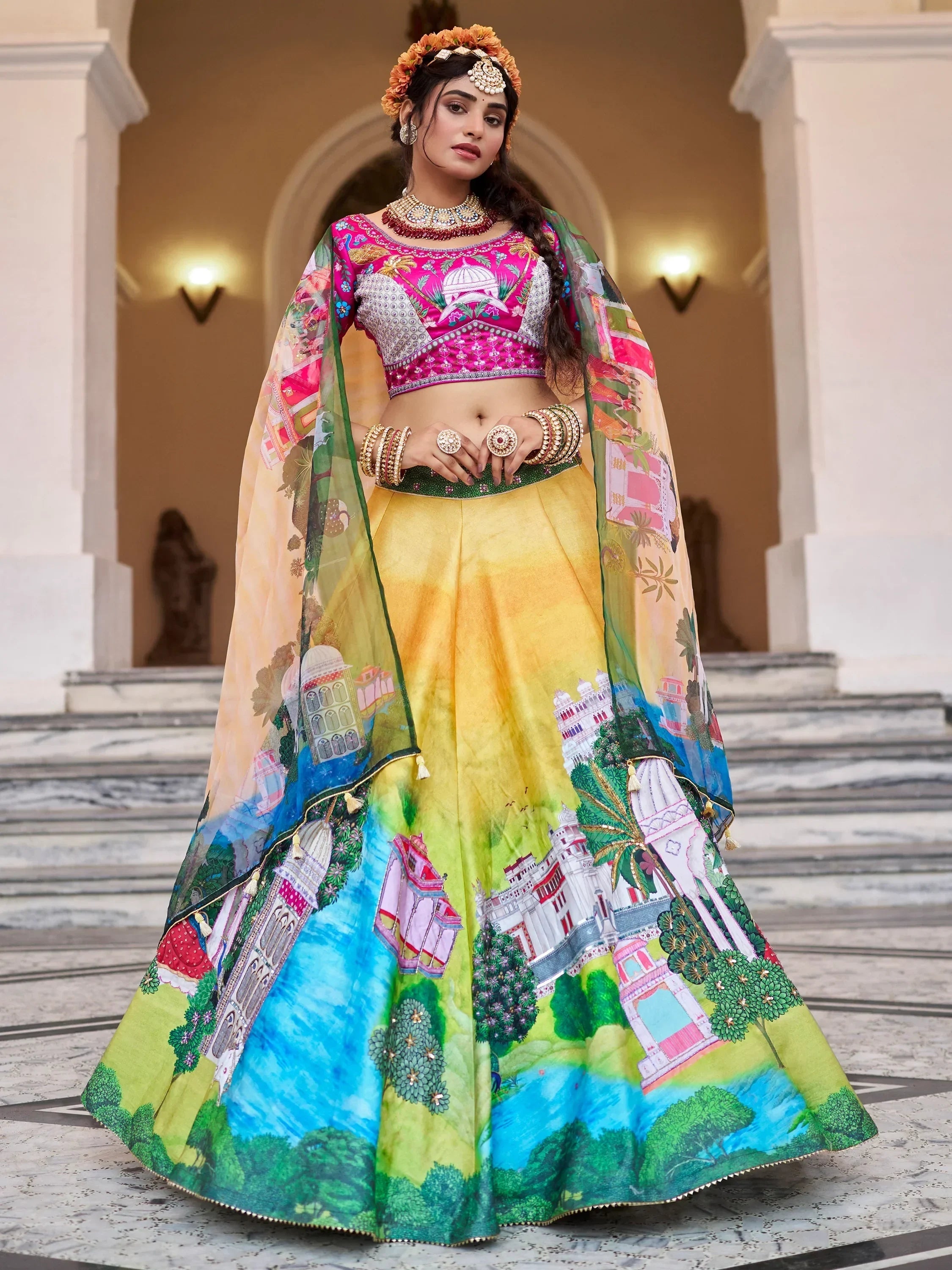 Gorgeous Yellow Printed Art Silk Traditional Lehenga Choli With Dupatta