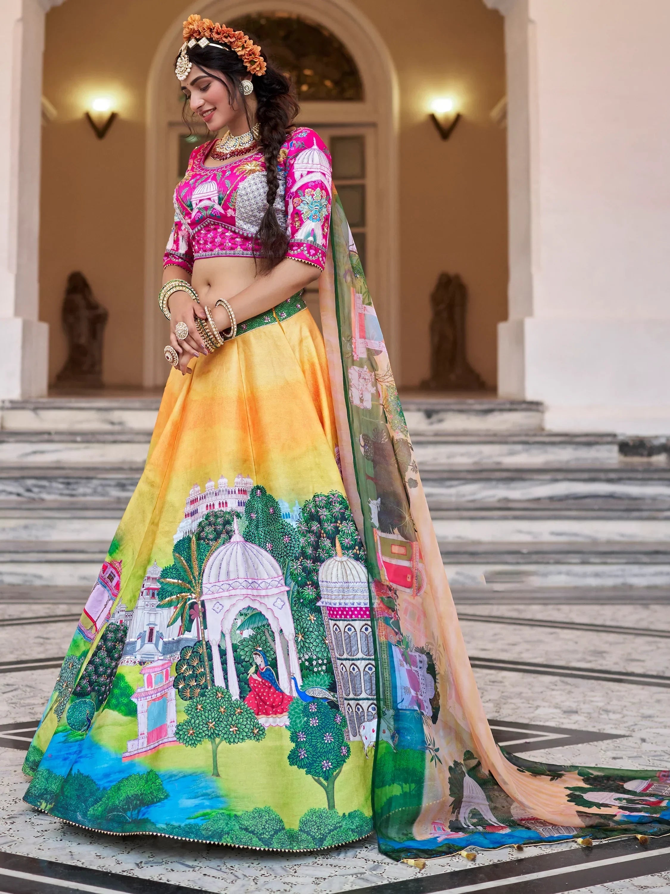Gorgeous Yellow Printed Art Silk Traditional Lehenga Choli With Dupatta