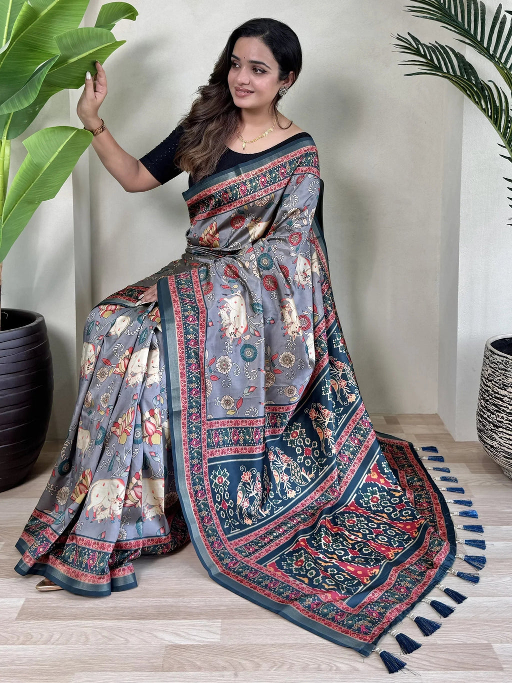 Gorgeous Blue Pichwai Printed Viscose Event Wear Saree With Blouse