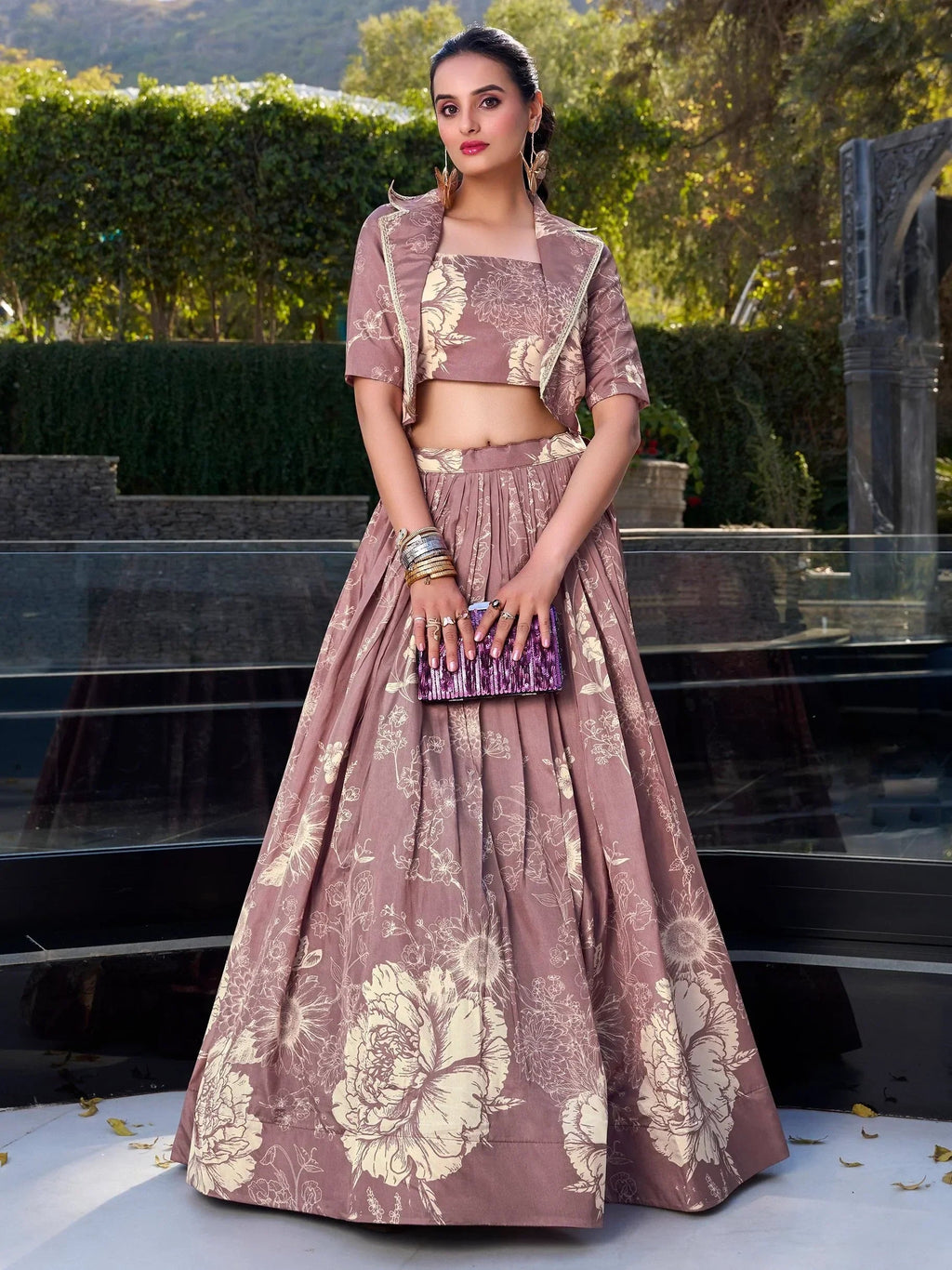Mauve Awesome Bottle Floral Print Tussar Silk Crop Top Lehenga With Jacket