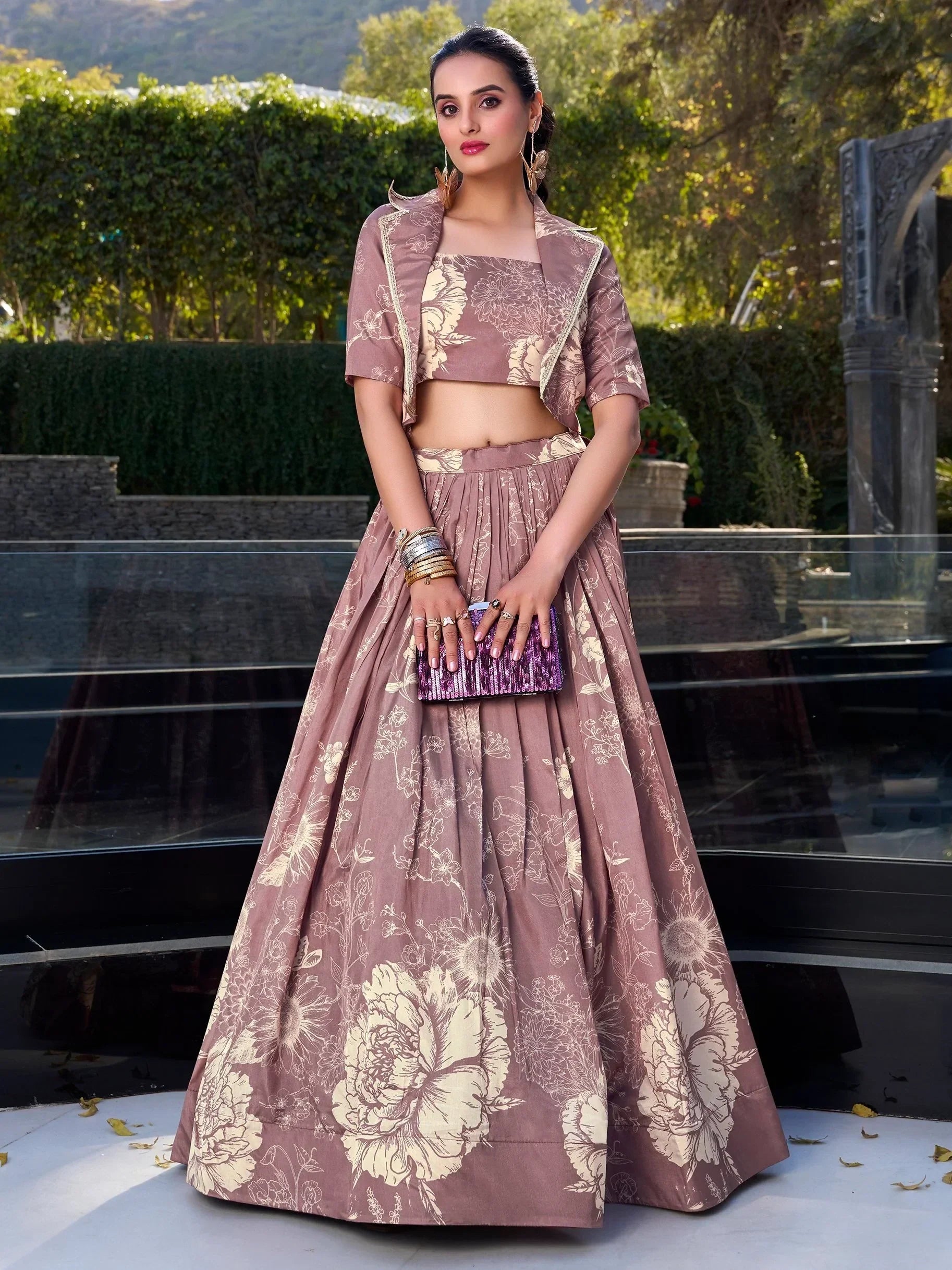 Mauve Awesome Bottle Floral Print Tussar Silk Crop Top Lehenga With Jacket